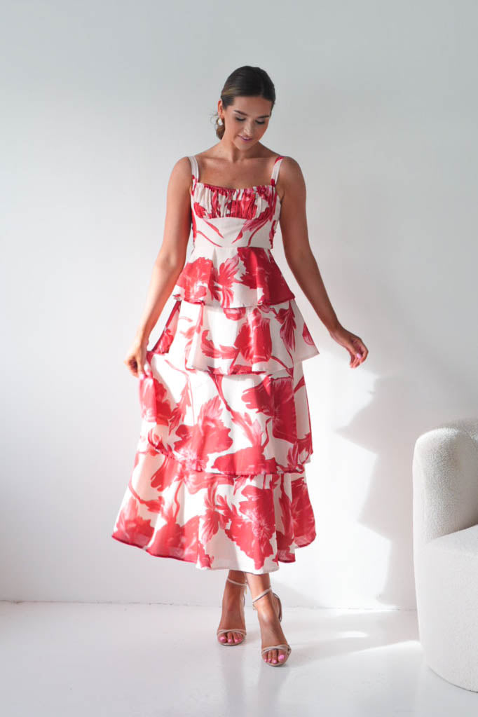 Oh Hello Clothing Women > Clothing > Dresses Denisa Floral Print Ruffle Maxi Dress | Red