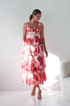 Oh Hello Clothing Women > Clothing > Dresses Denisa Floral Print Ruffle Maxi Dress | Red