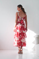 Oh Hello Clothing Women > Clothing > Dresses Denisa Floral Print Ruffle Maxi Dress | Red