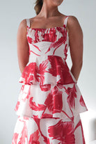 Oh Hello Clothing Women > Clothing > Dresses Denisa Floral Print Ruffle Maxi Dress | Red
