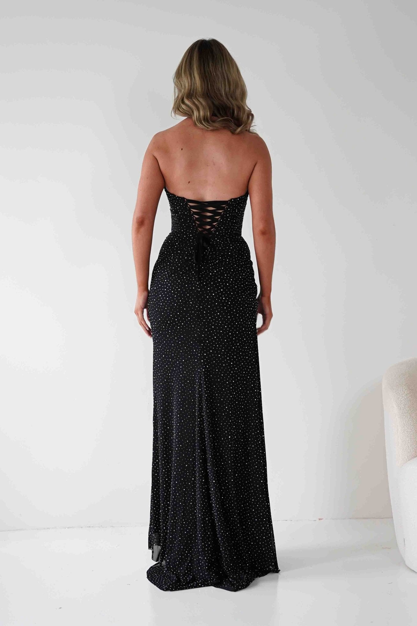 Diana Draped Strapless Rhinestone Gown | Black | Oh Hello Clothing | XS (6)
