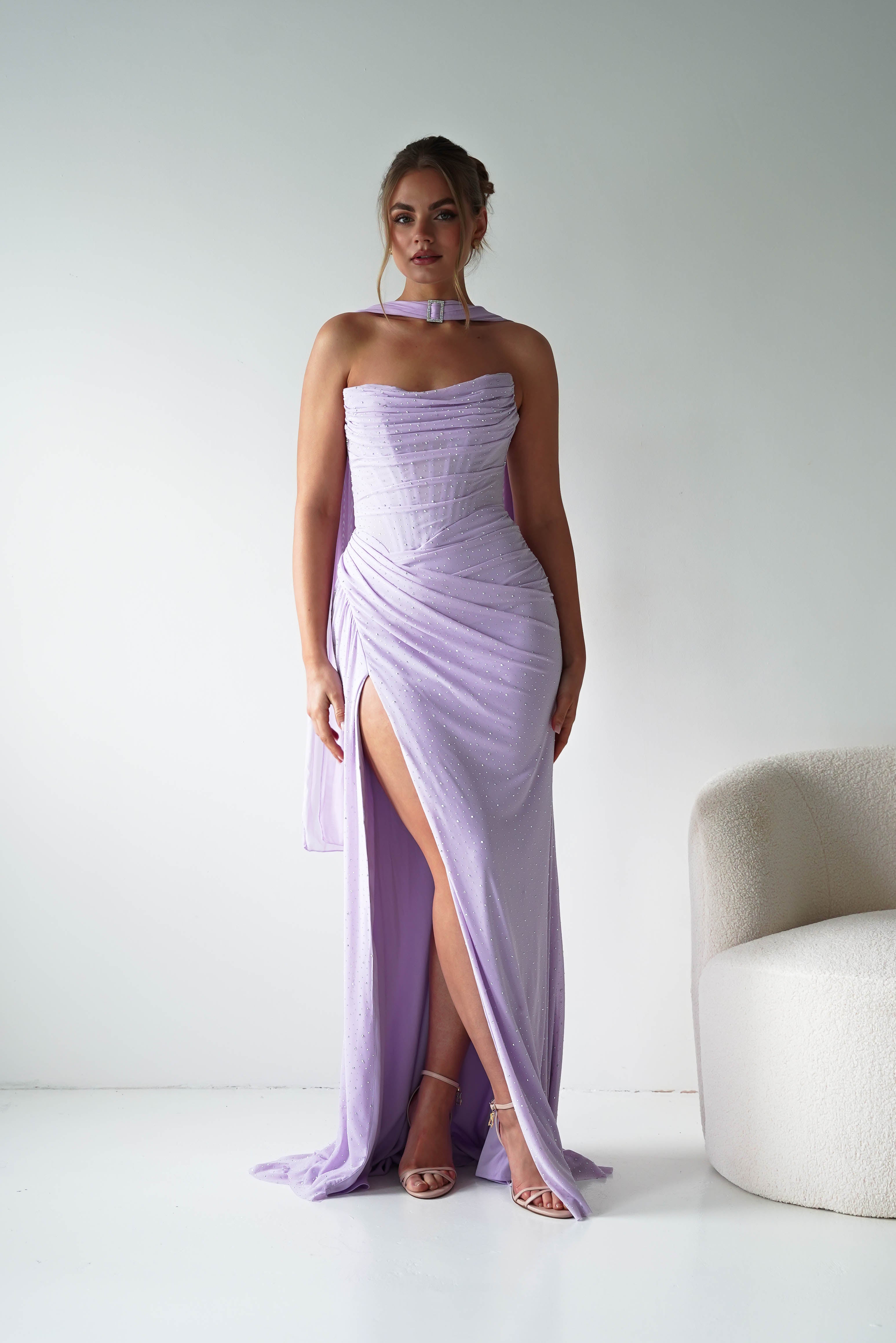 Oh Hello Clothing Dresses > Prom Dresses Diana Draped Strapless Rhinestone Gown | Lavender