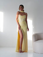 Oh Hello Clothing Dresses > Prom Dresses Diana Draped Strapless Rhinestone Gown | Yellow