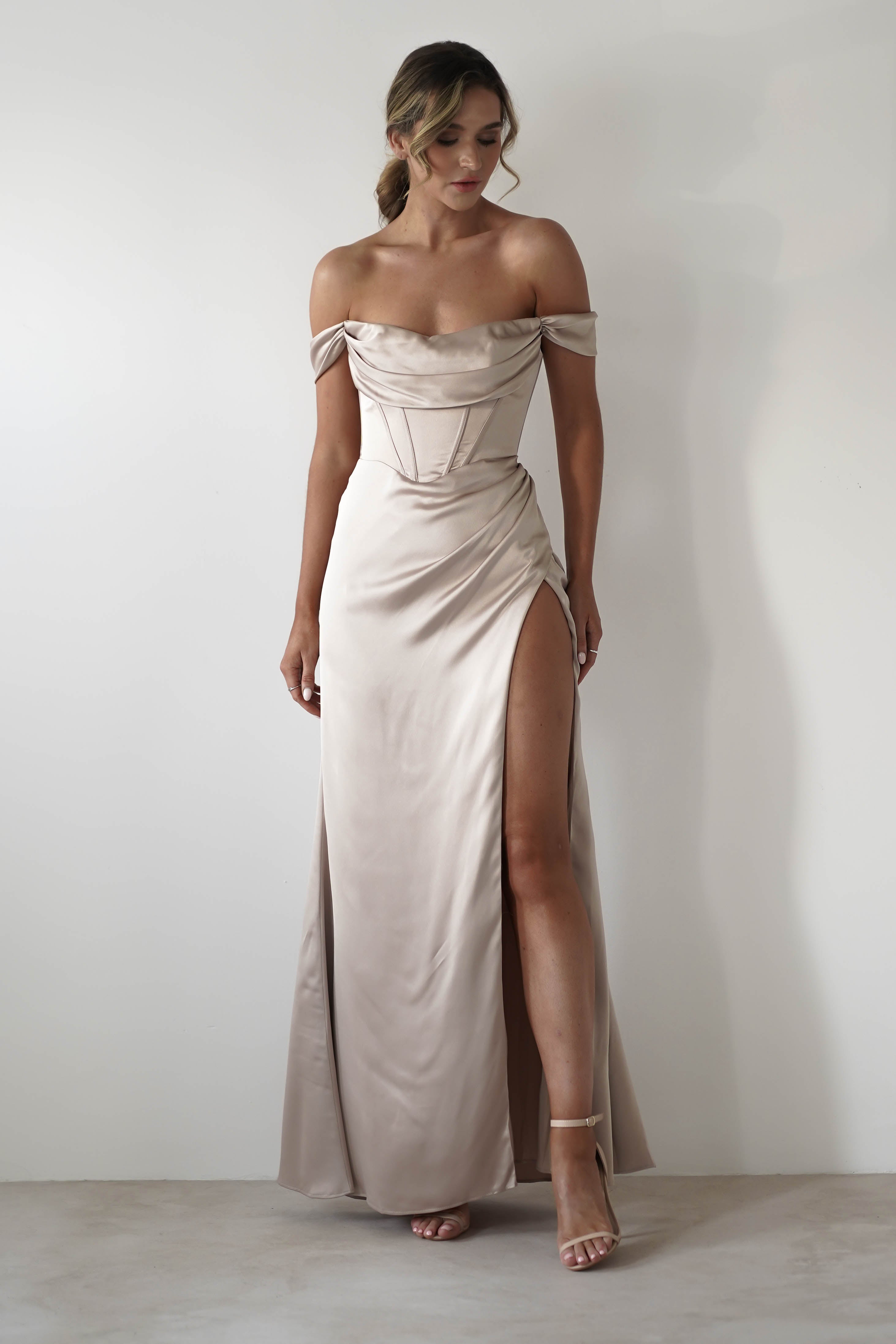 Dionne Soft Coset Maxi Gown | Champagne