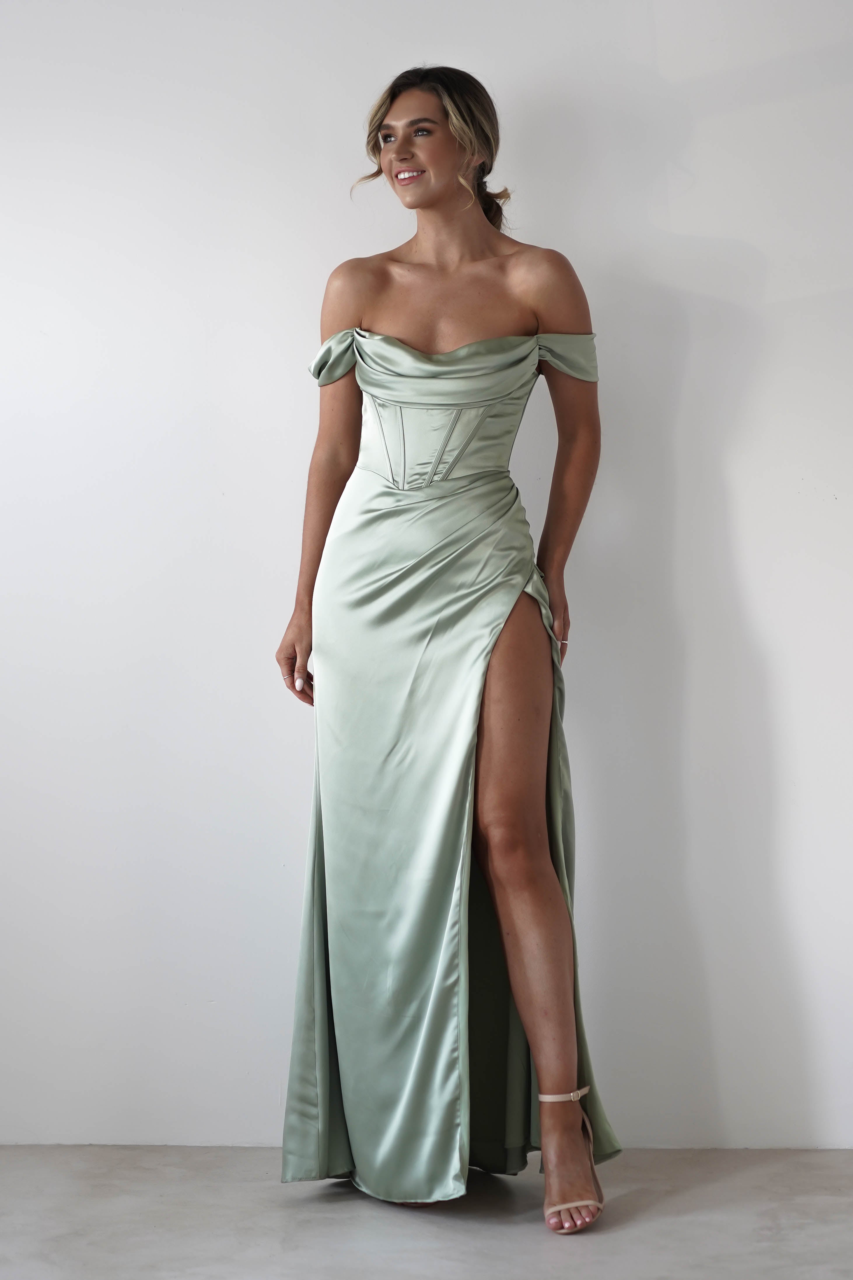 Dionne Soft Coset Maxi Gown | Sage