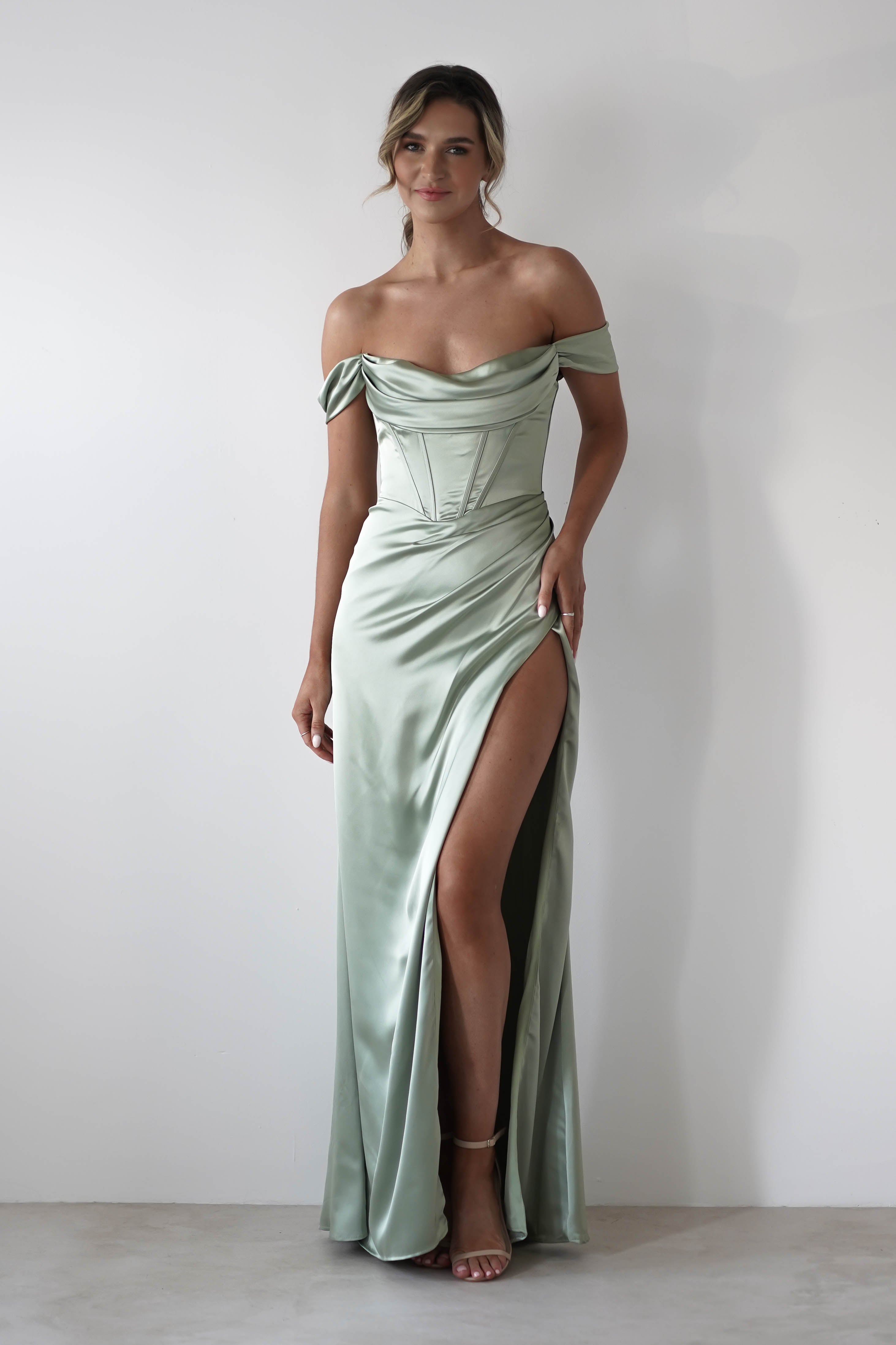 Dionne Soft Coset Maxi Gown | Sage