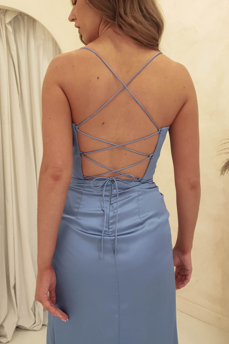 Cally High Slit Corset Gown | Smoky Blue