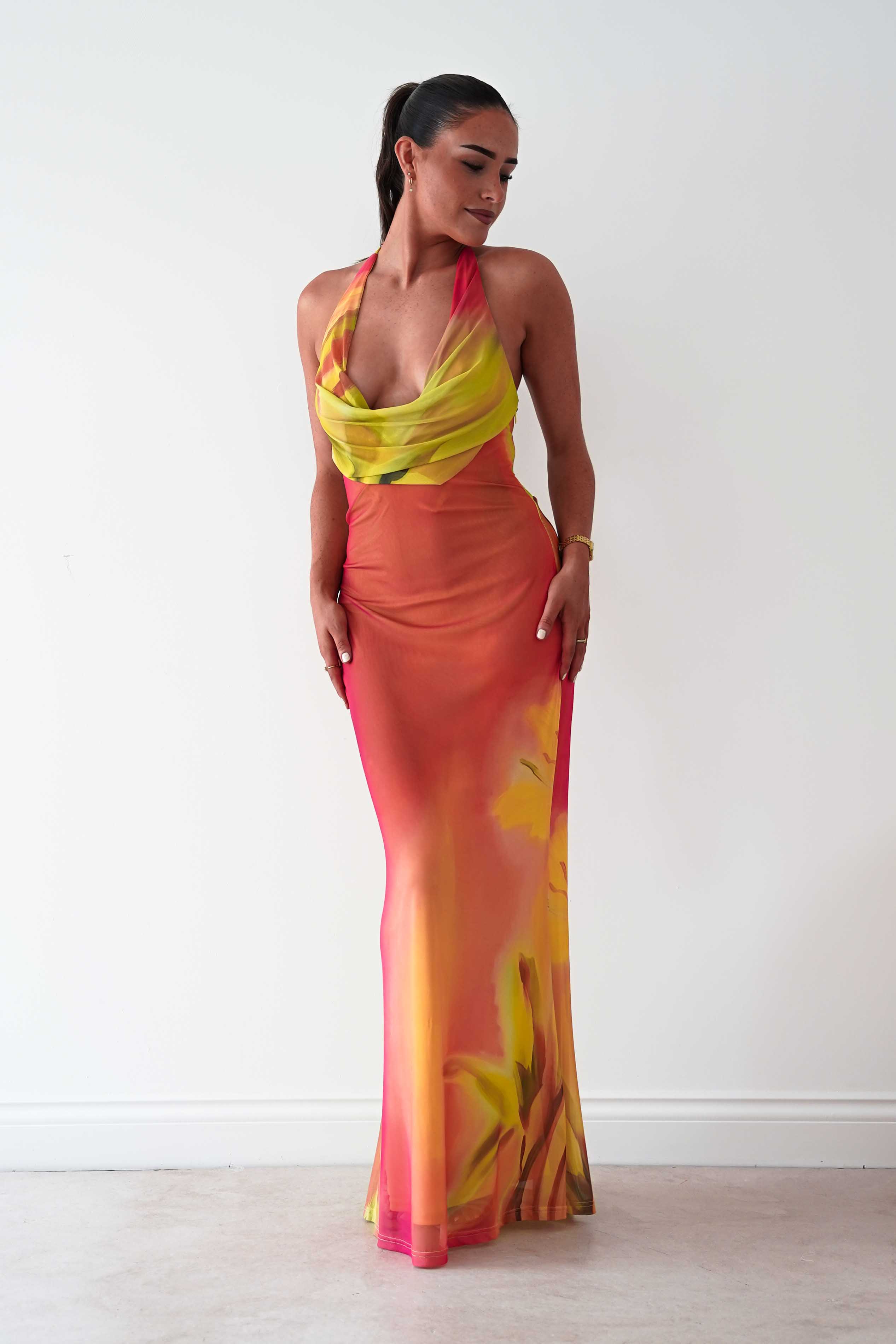 Oh Hello Clothing Women > Clothing > Dresses Doja Abstract Print Halterneck Maxi Dress | Sunset