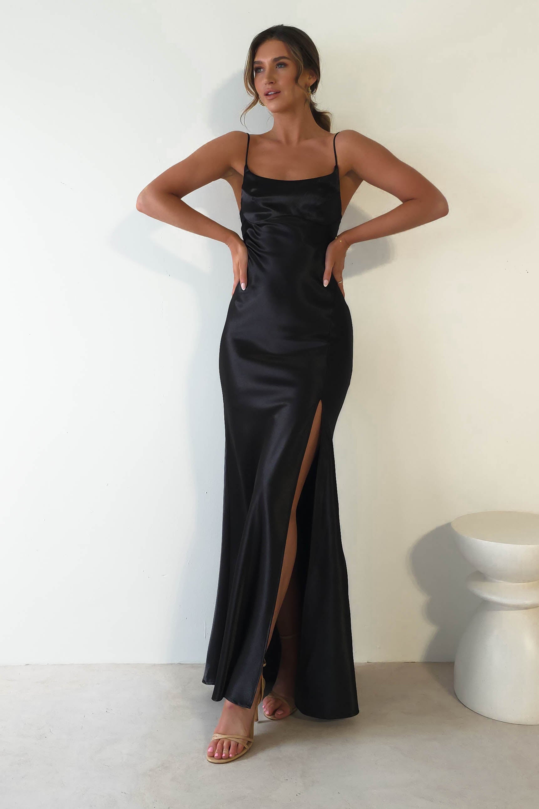 Celinee Satin Maxi Gown | Black
