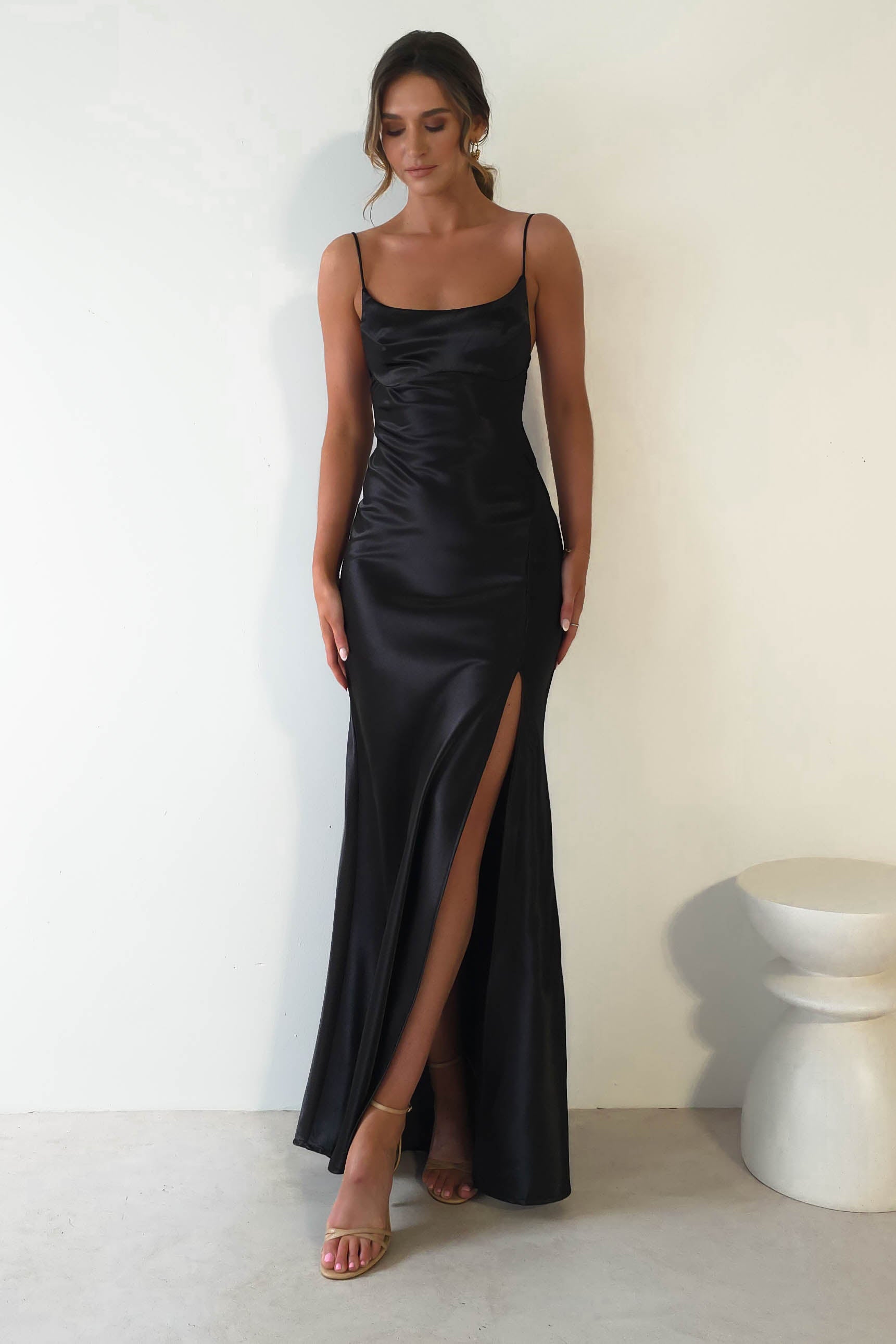 Celinee Satin Maxi Gown | Black
