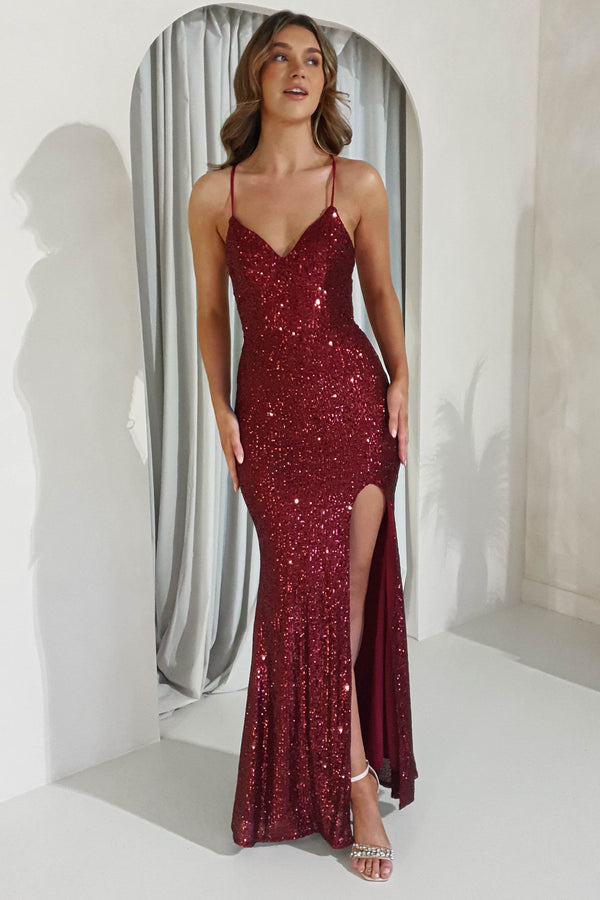 Sorella Bodycon Sequin Gown | Dark Red