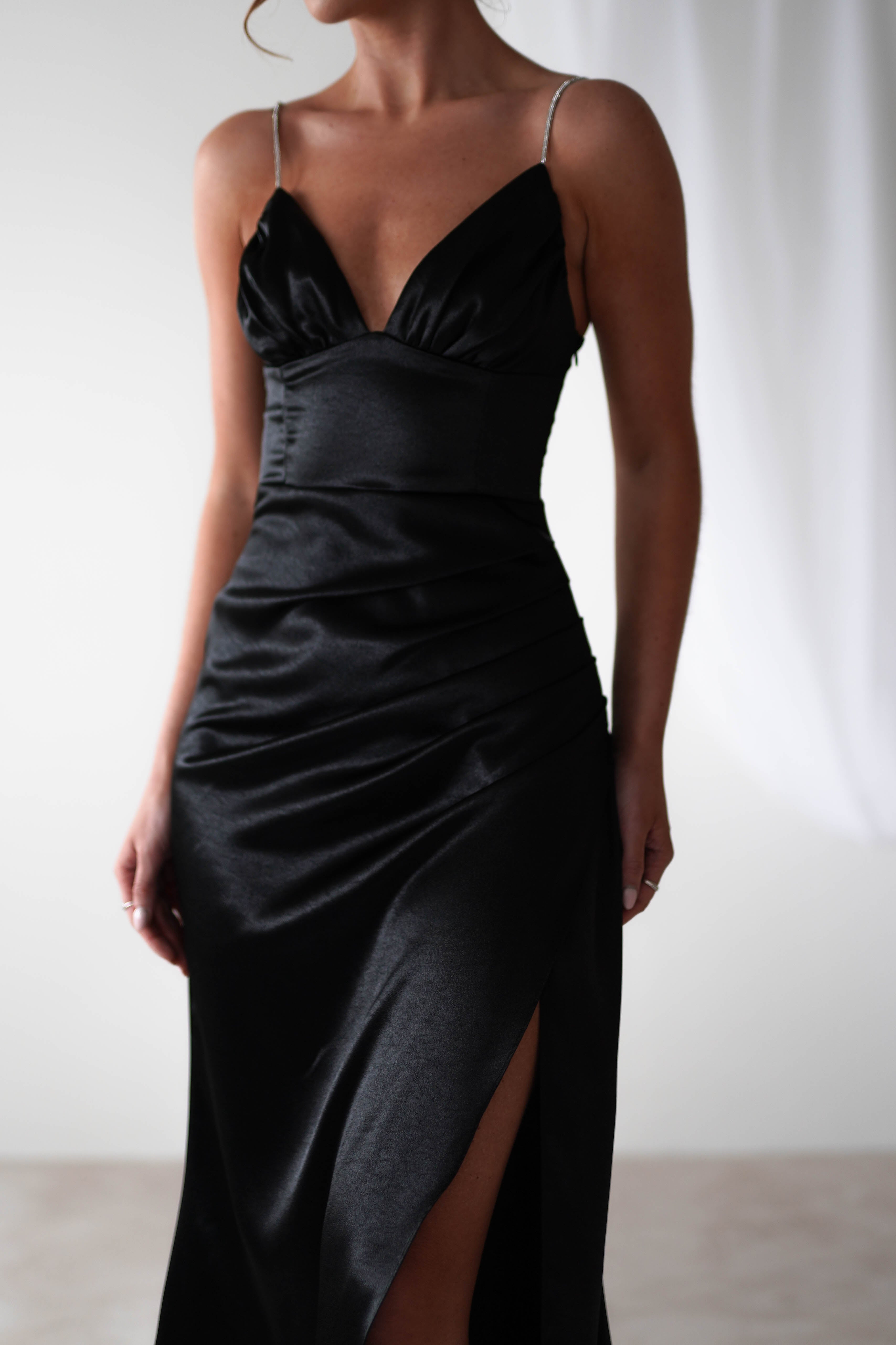 Melody Soft Satin Maxi Gown | Black