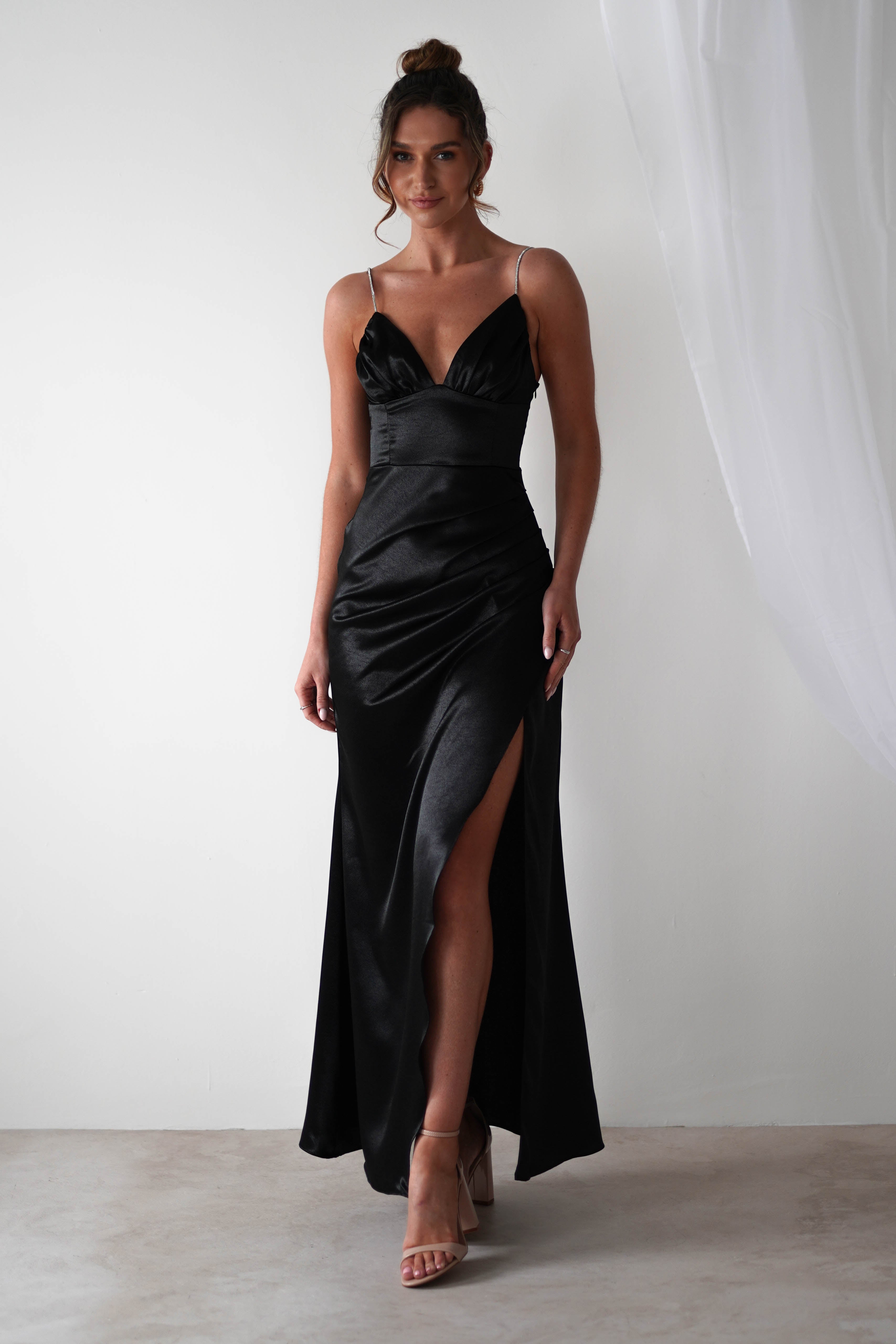 Melody Soft Satin Maxi Gown | Black