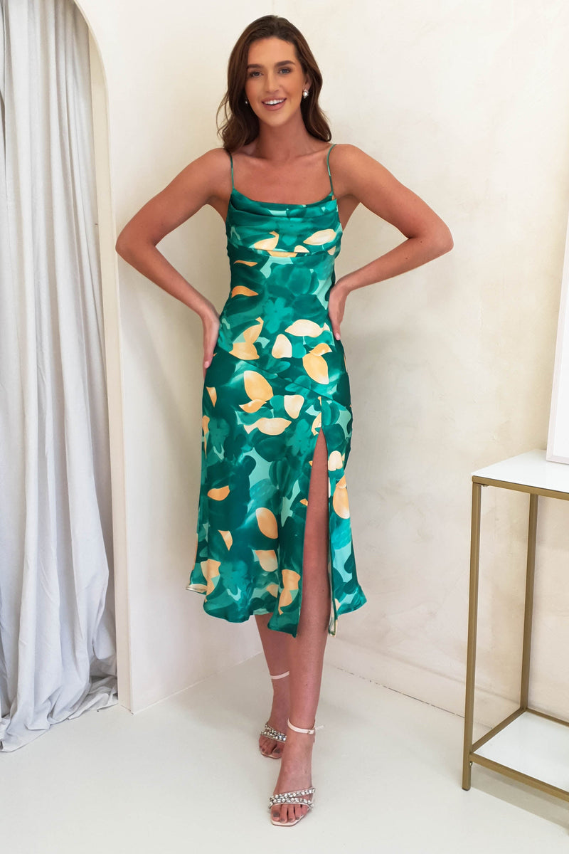 Mailka Printed Satin Midi Dress | Green Print