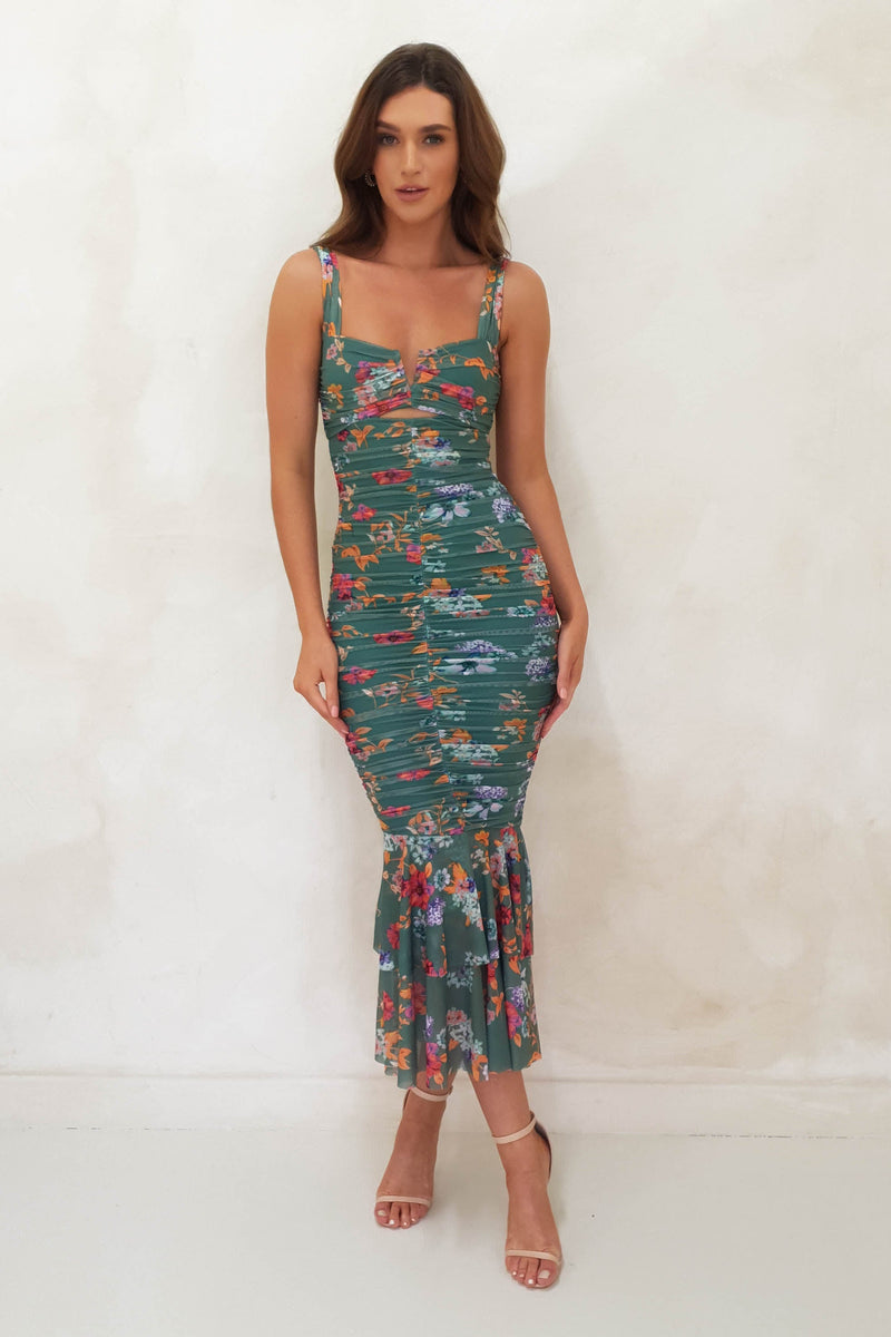 Runaway Bodycon Ruffle Midi Dress | Green Print