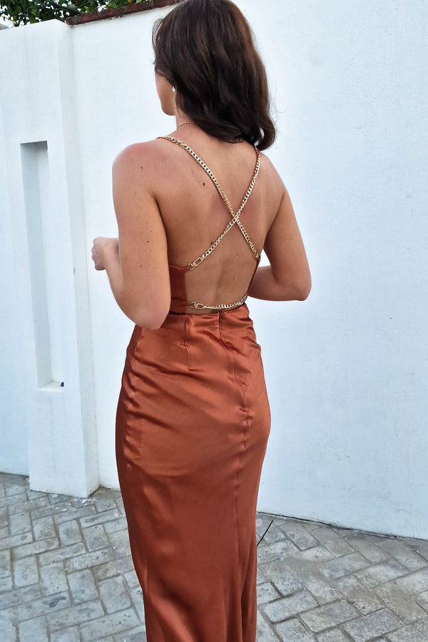 Shenelle Satin Chain Detail Midi Dress | Copper