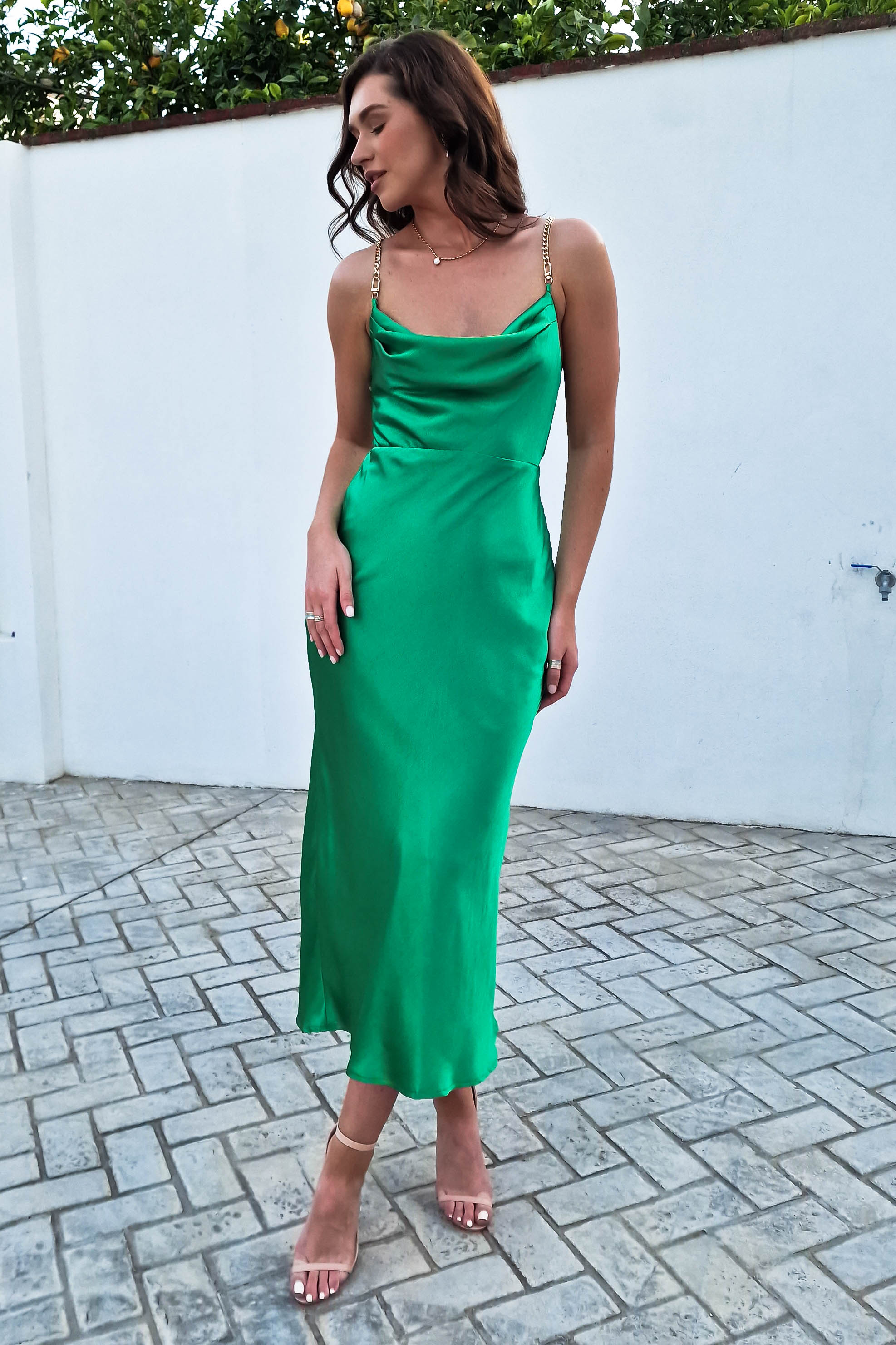Shenelle Satin Chain Detail Midi Dress | Emerald Green