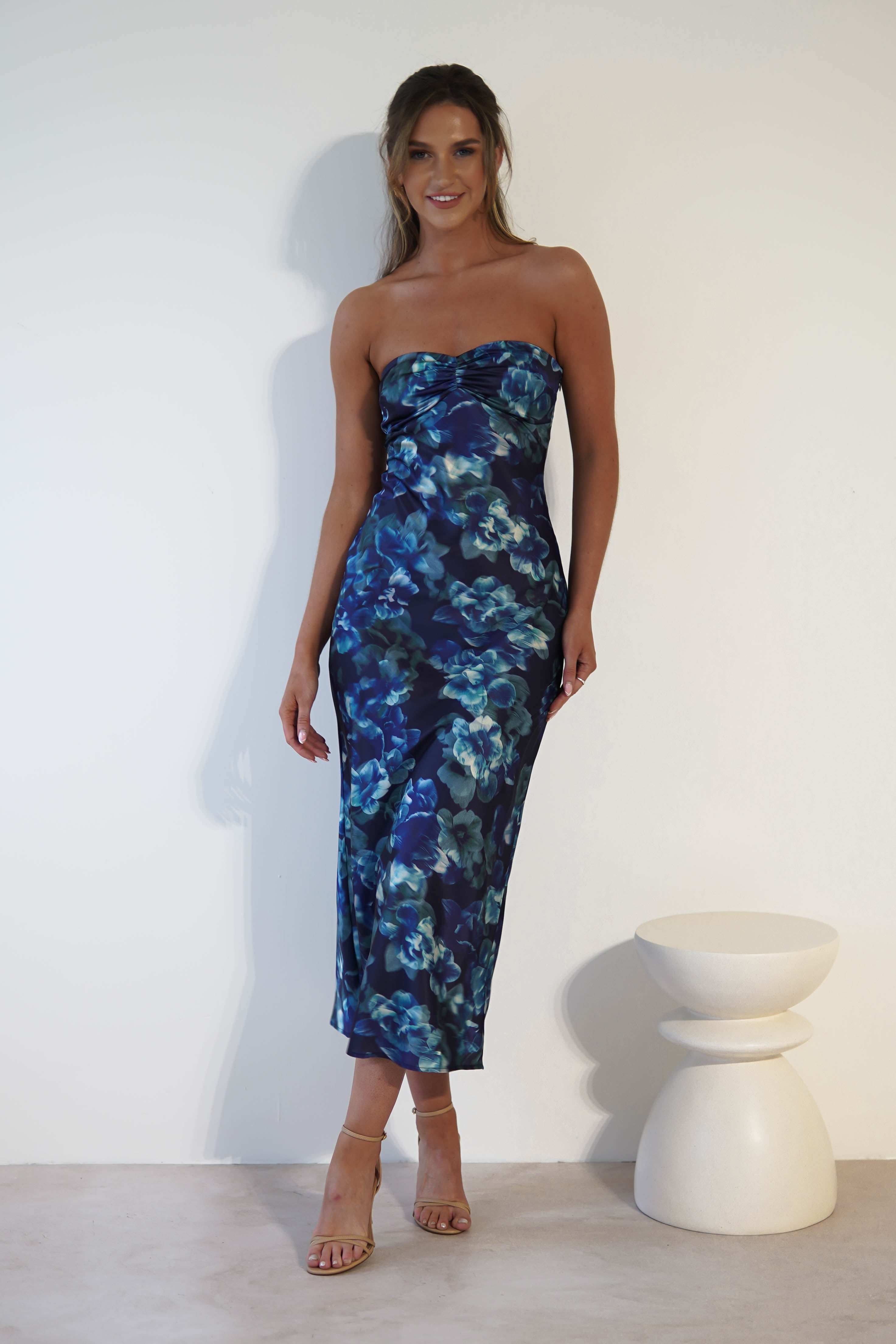 Anziel Strapless Satin Midi Dress | Blue Print