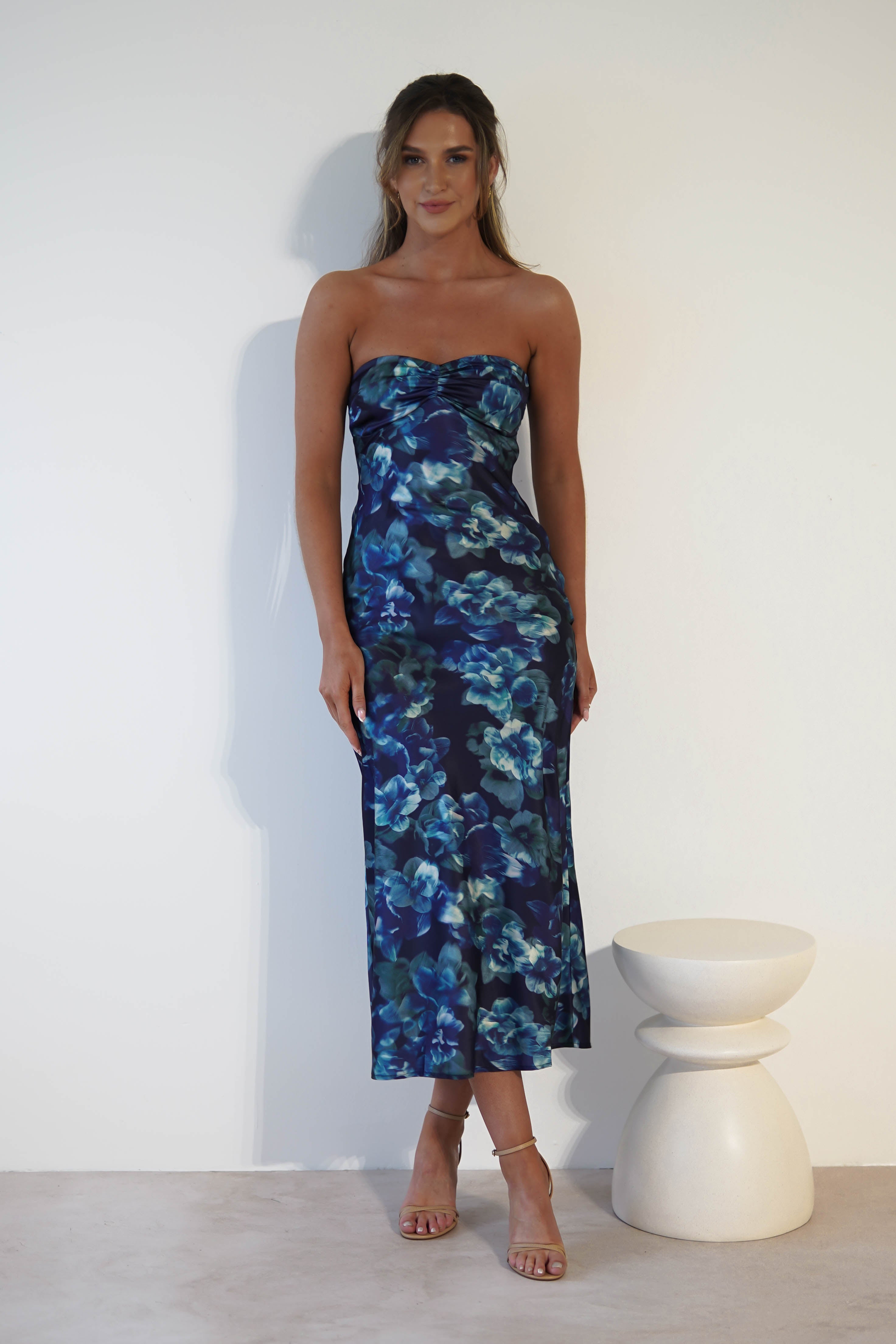 Anziel Strapless Satin Midi Dress | Blue Print