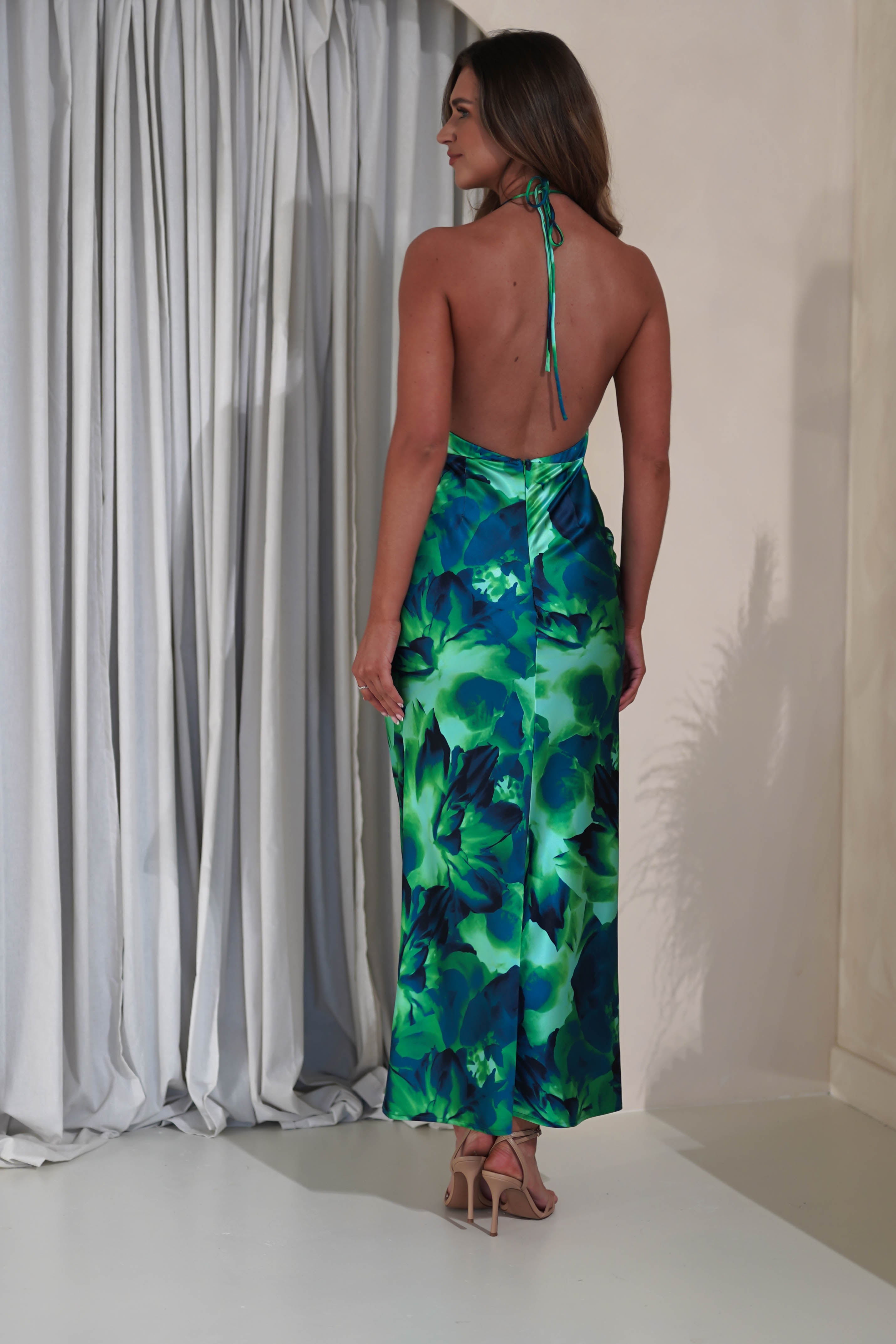 Fiji Soft Satin Maxi Dress | Green Print