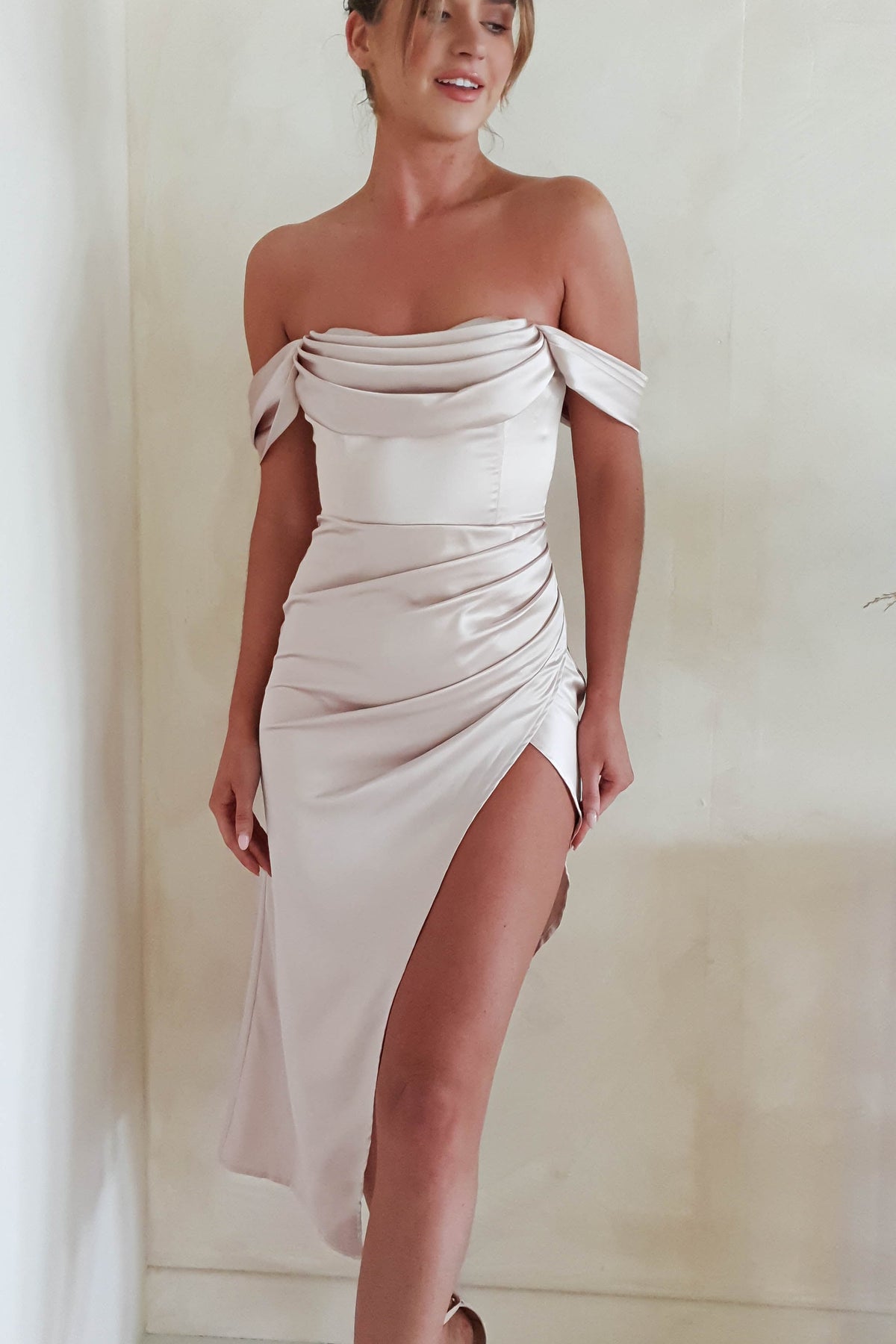 Aby Soft Satin Midi Dress | Champagne | Graduation