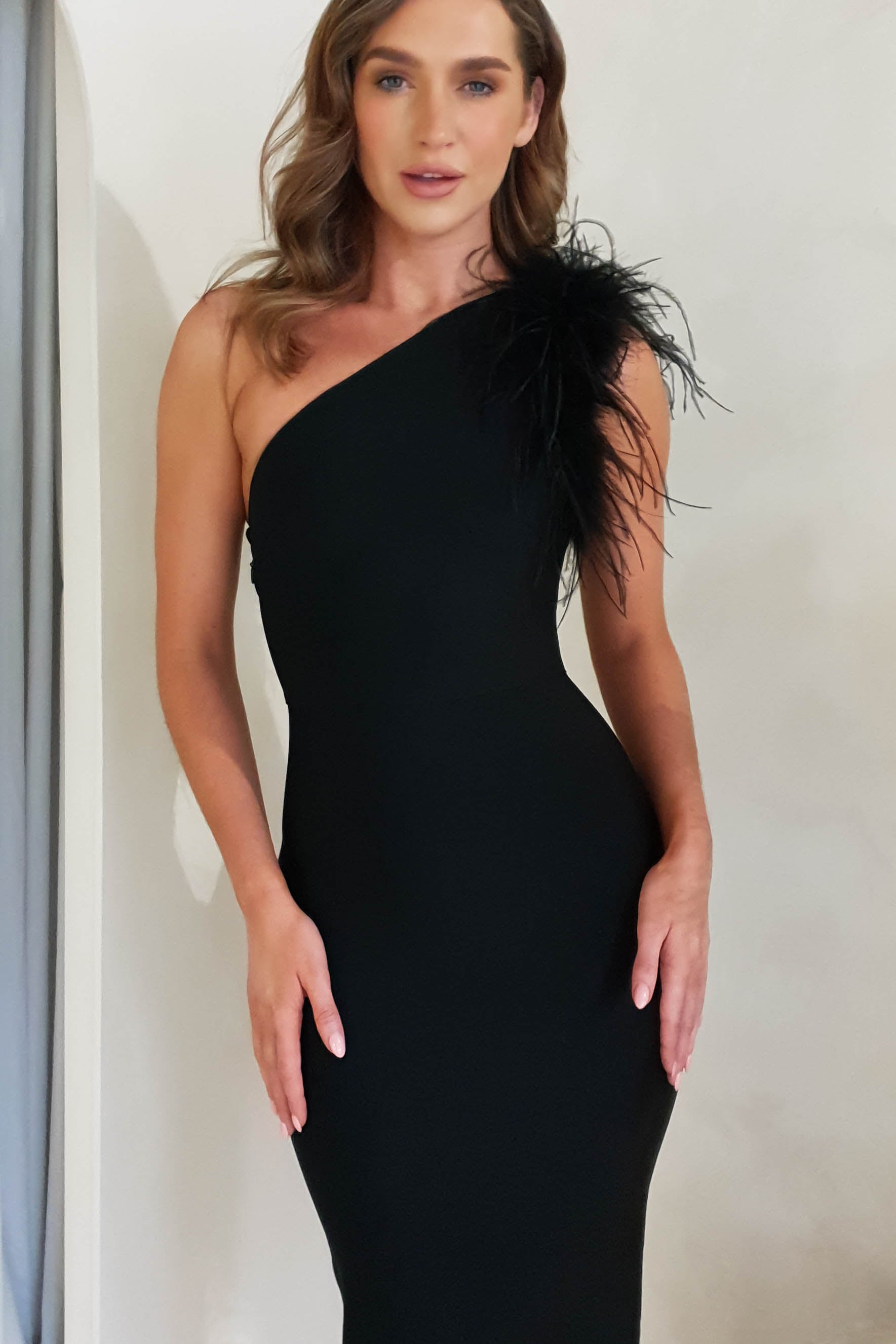 Karalyn Feather Bodycon Bandage Dress | Black