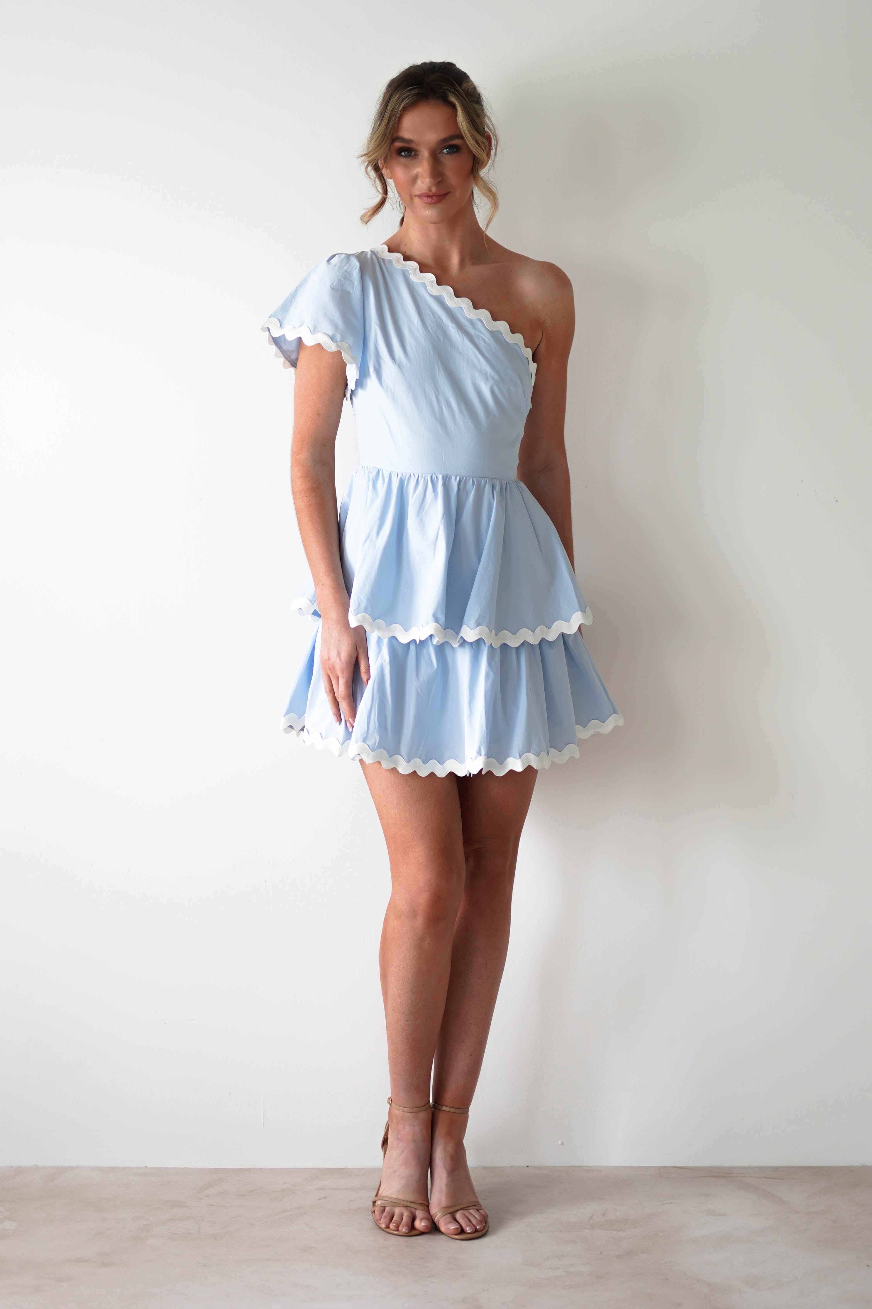 KAARLO Wedding Guest Dresses * DONE - 63963 BABY BLUE BODYCON RUFFLE MIDI | Baby Blue **KAARLO**