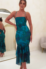 Faizah Mesh Bodycon Midi Dress | Green/Blue Print
