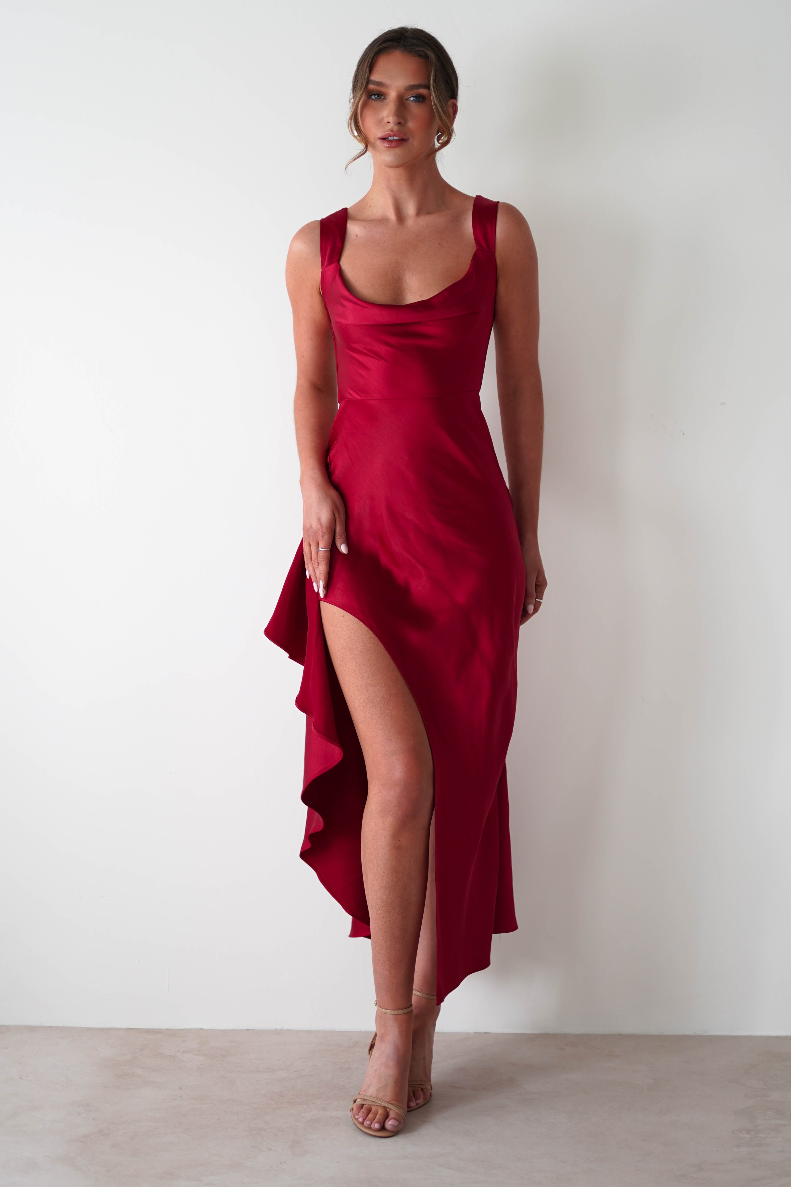 Seville Soft Satin Midaxi Dress | Berry Red