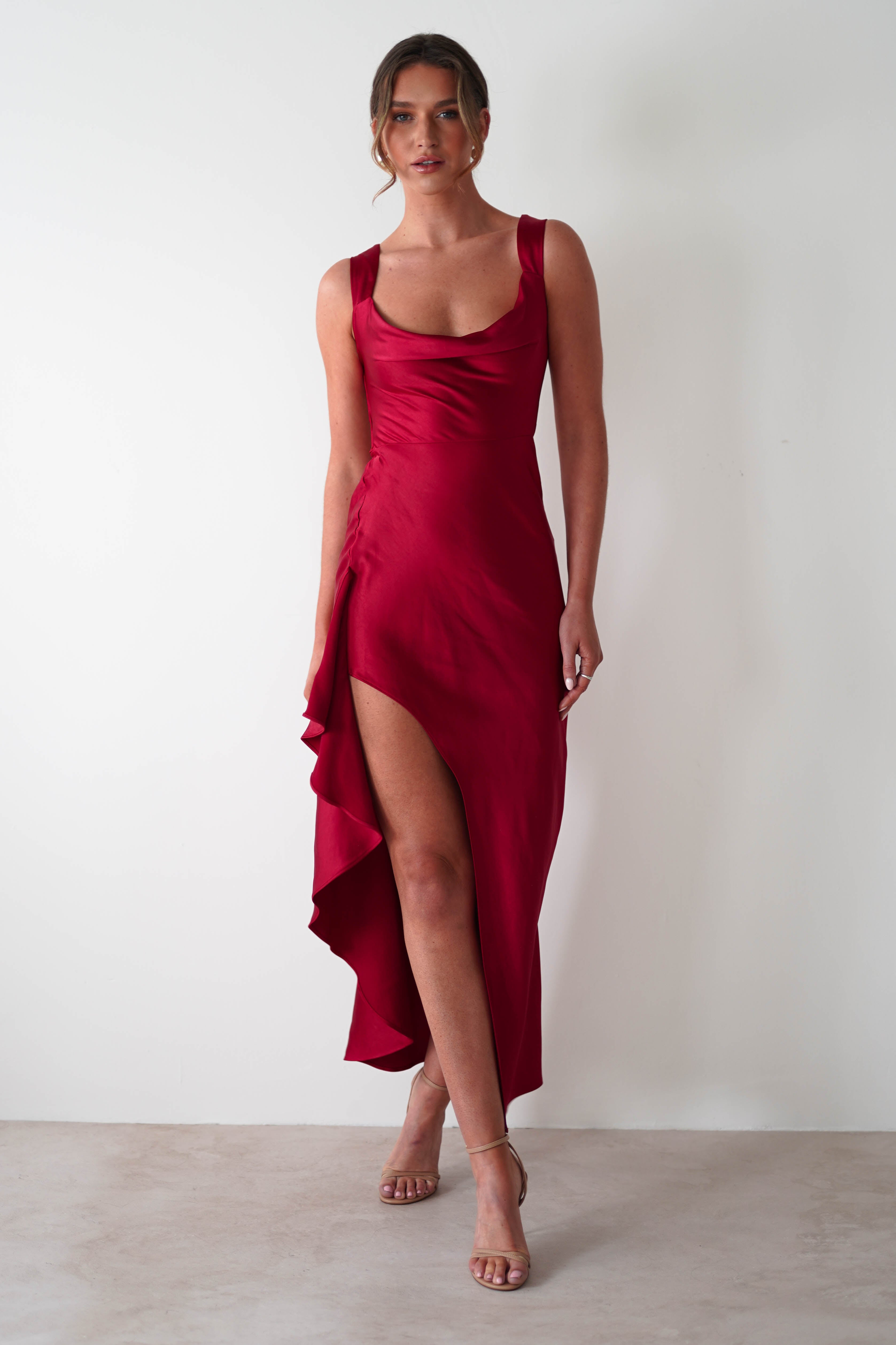 Seville Soft Satin Midaxi Dress | Berry Red