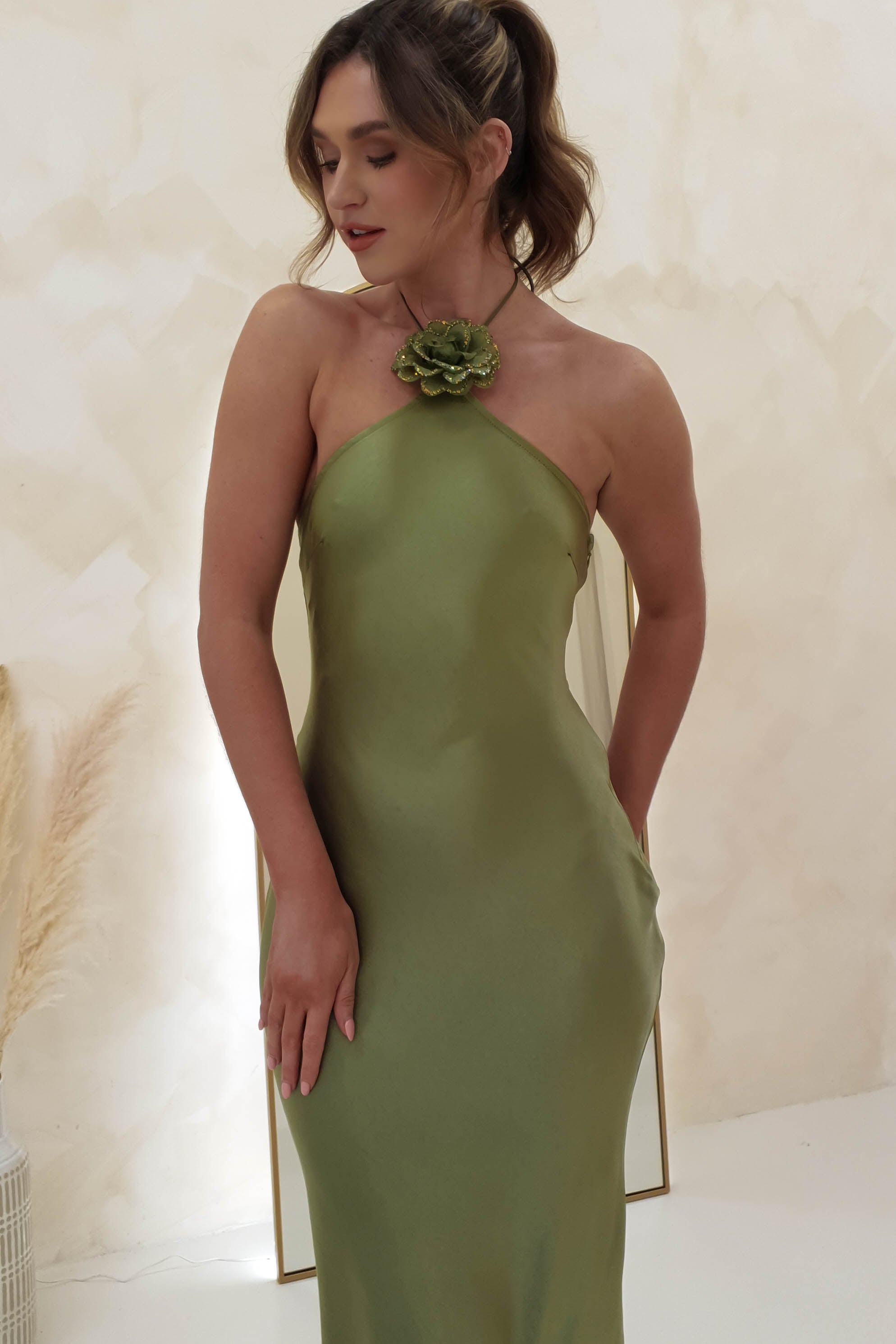Heather Soft Satin Maxi Dress | Olive