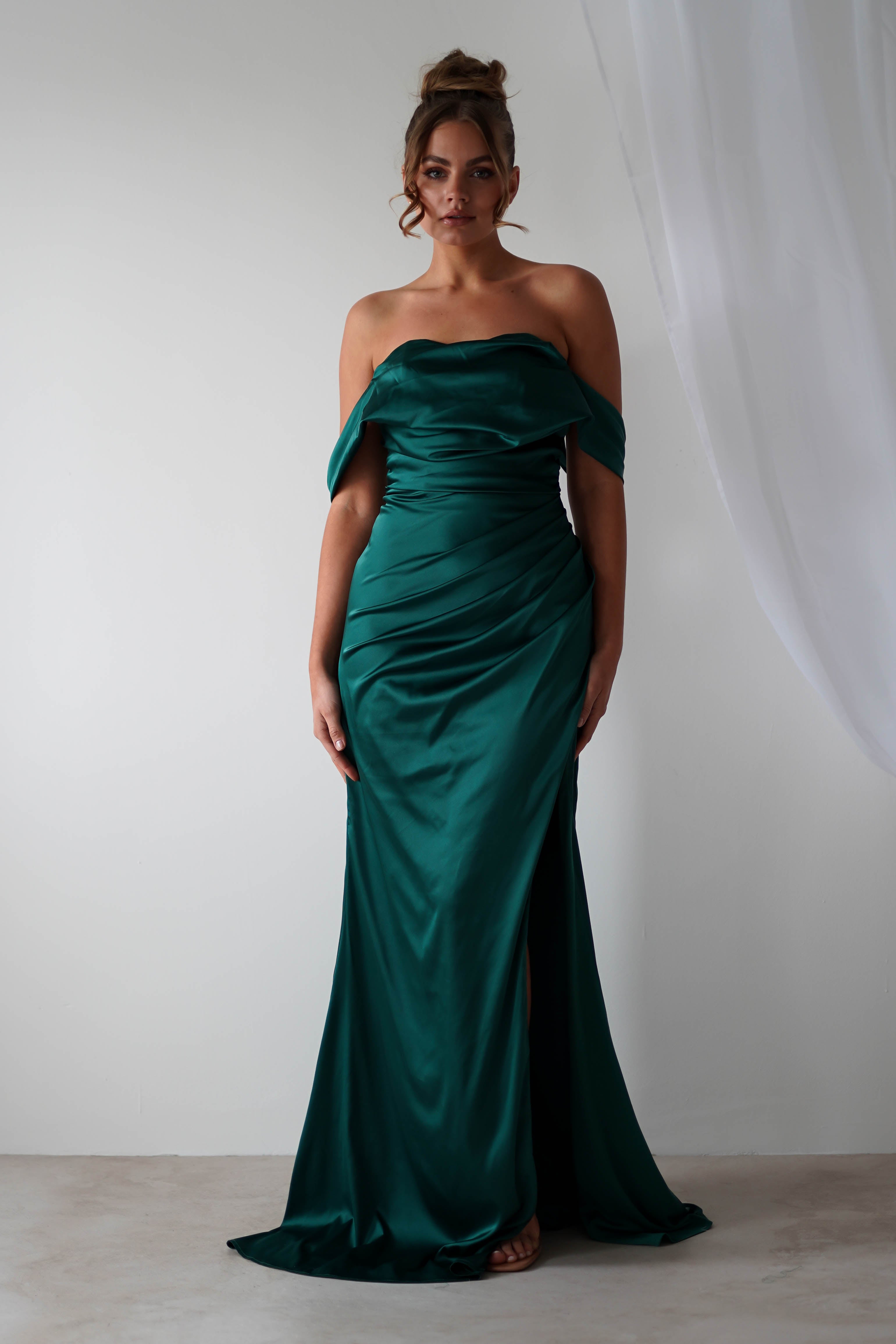 Beth Draped Silky Satin Gown | Green