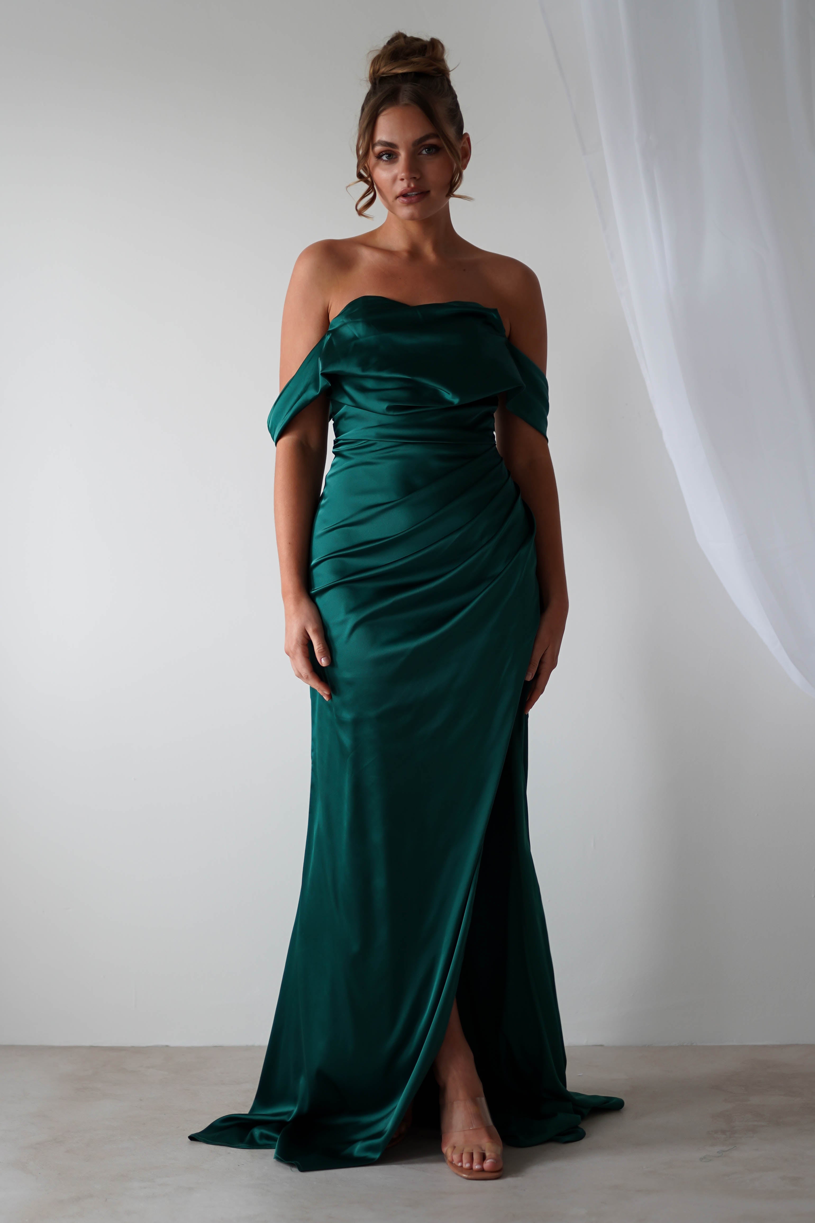 Beth Draped Silky Satin Gown | Green