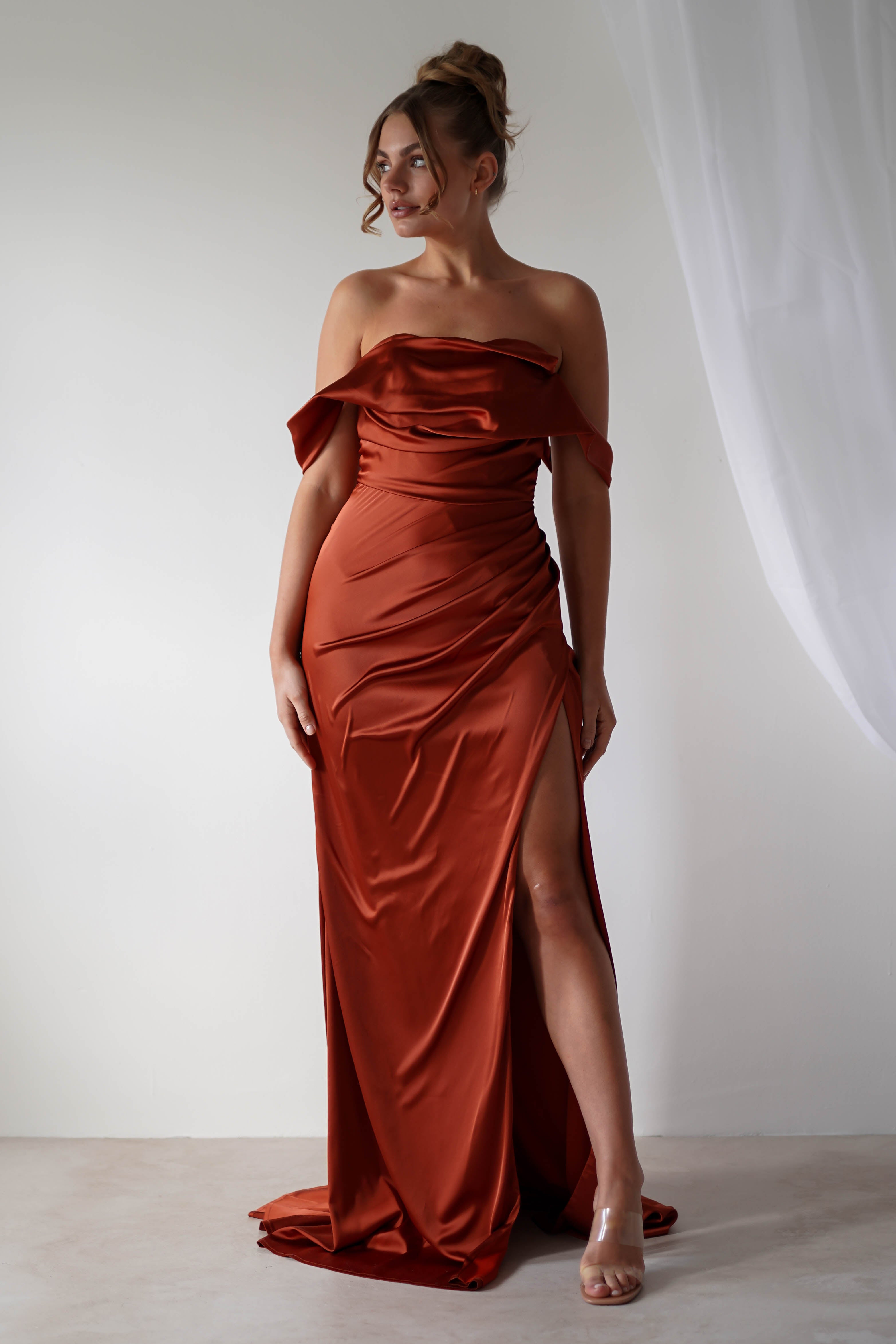 Beth Draped Silky Satin Gown | Rust
