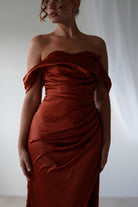 Beth Draped Silky Satin Gown | Rust | Debs & Prom | Formal Gown | Oh Hello Clothing