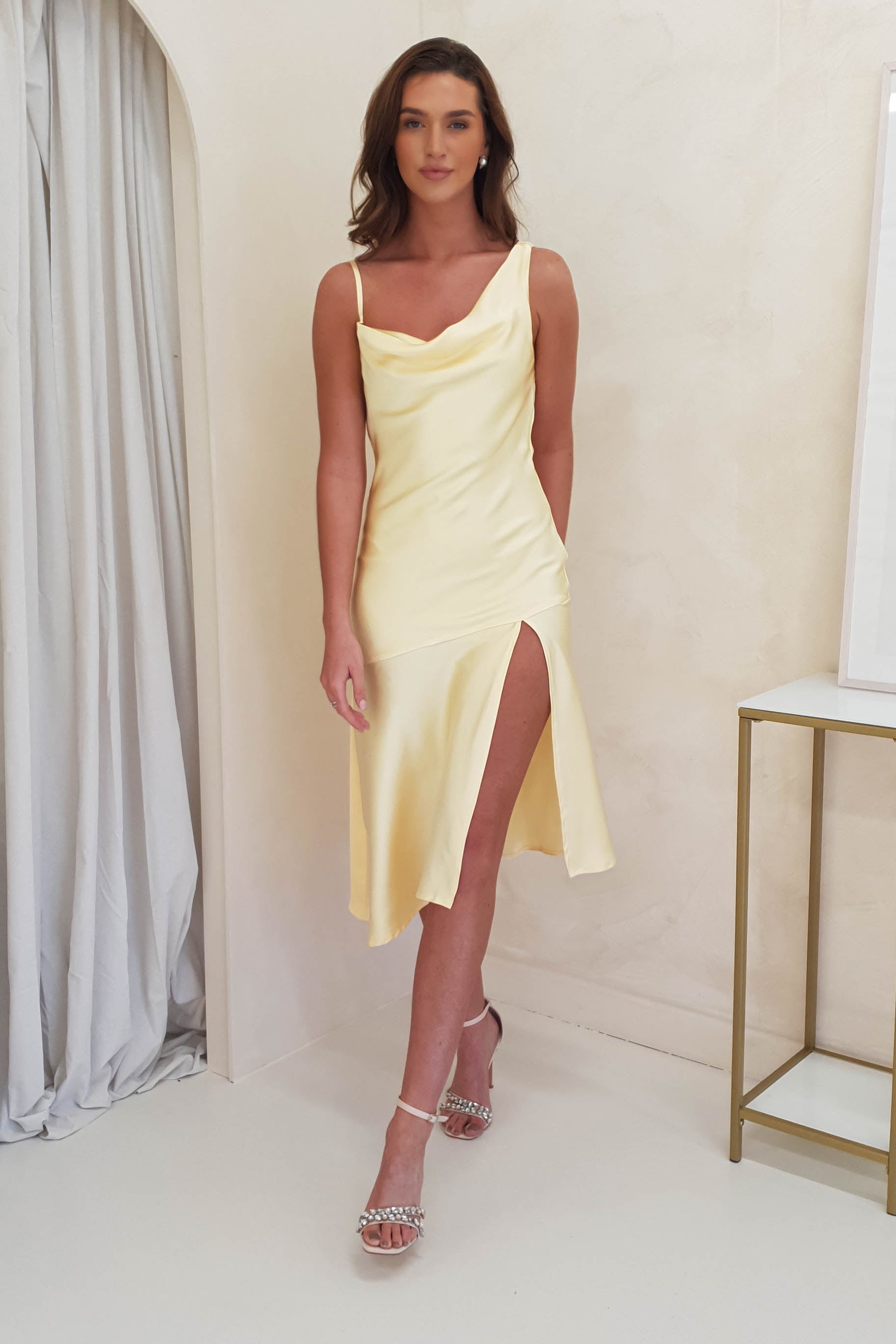Esther Soft Satin Midi Dress | Buttercup Yellow
