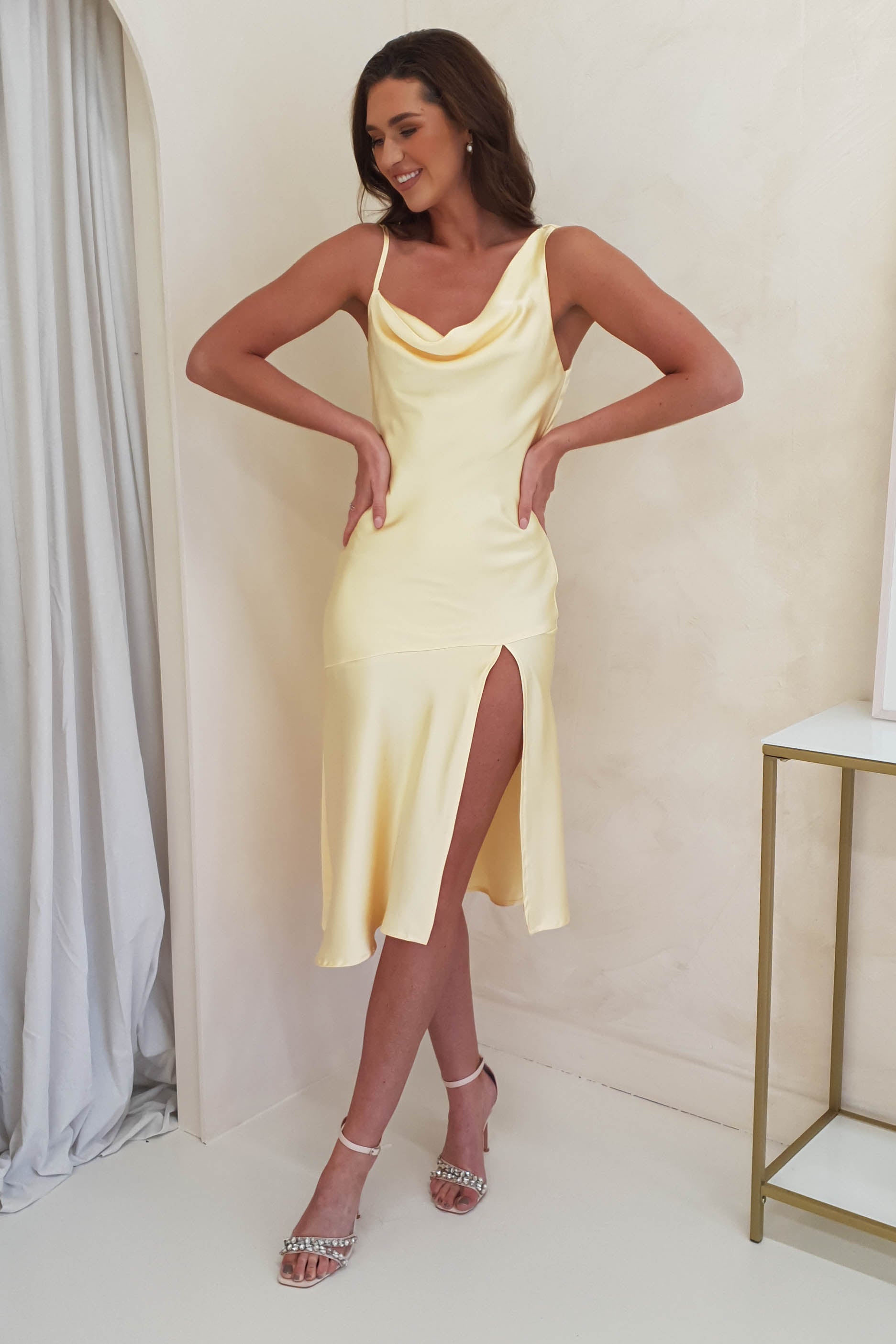 Esther Soft Satin Midi Dress | Buttercup Yellow