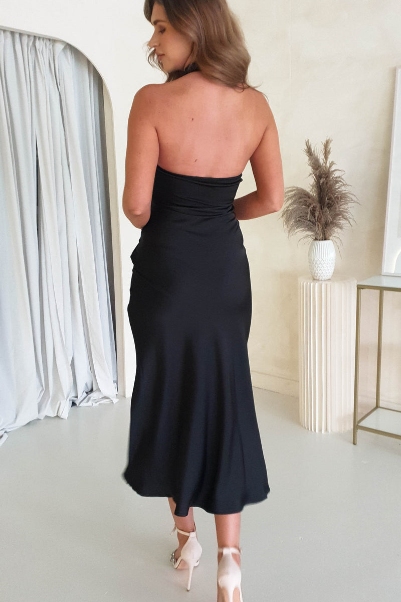 Frances High Neck Soft Satin Midi Dress | Black