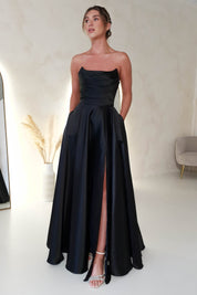 Miya Corset A-Line Satin Gown | Black