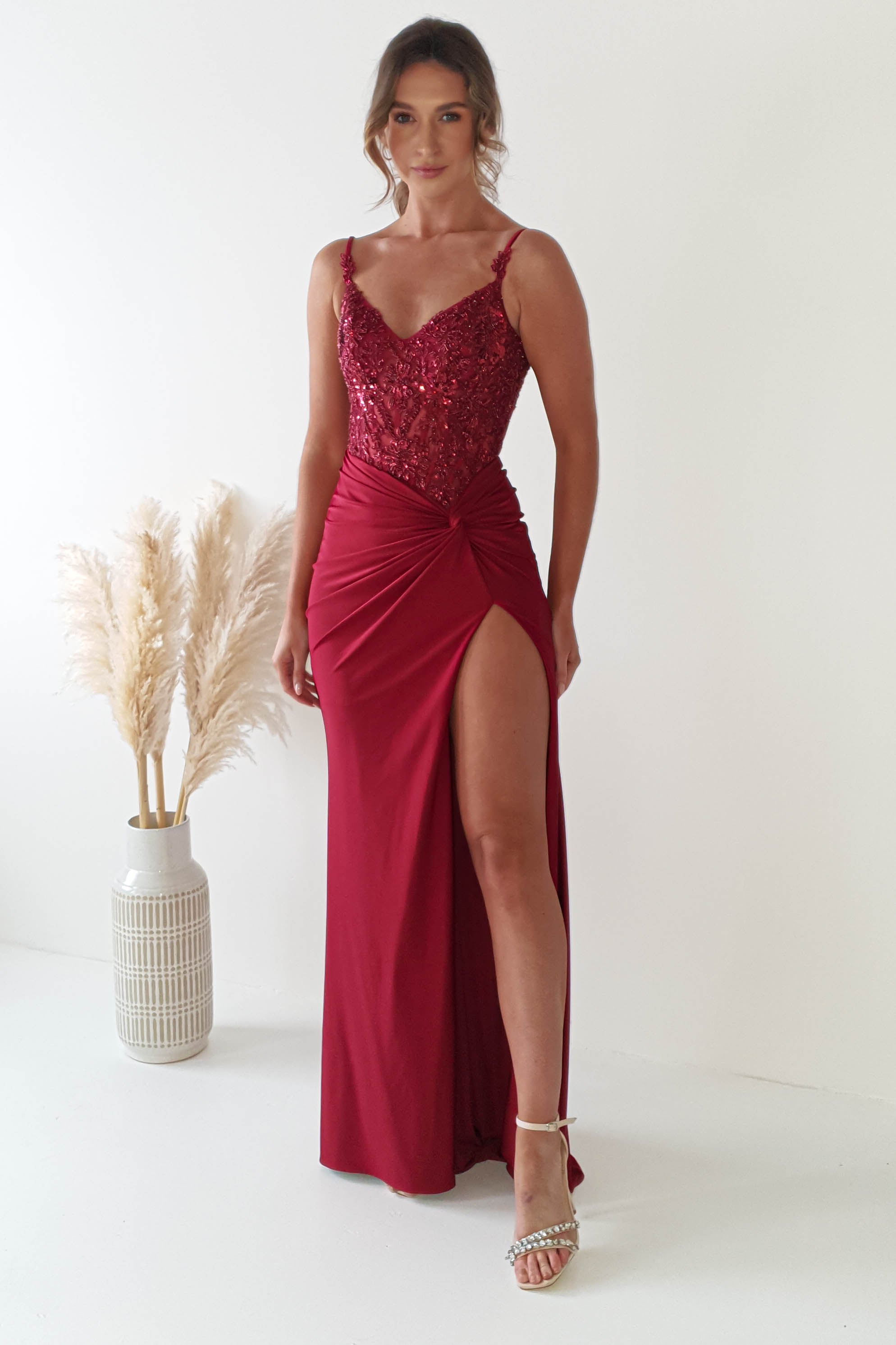 Sonia Embellished Bodycon Gown | Dark Red