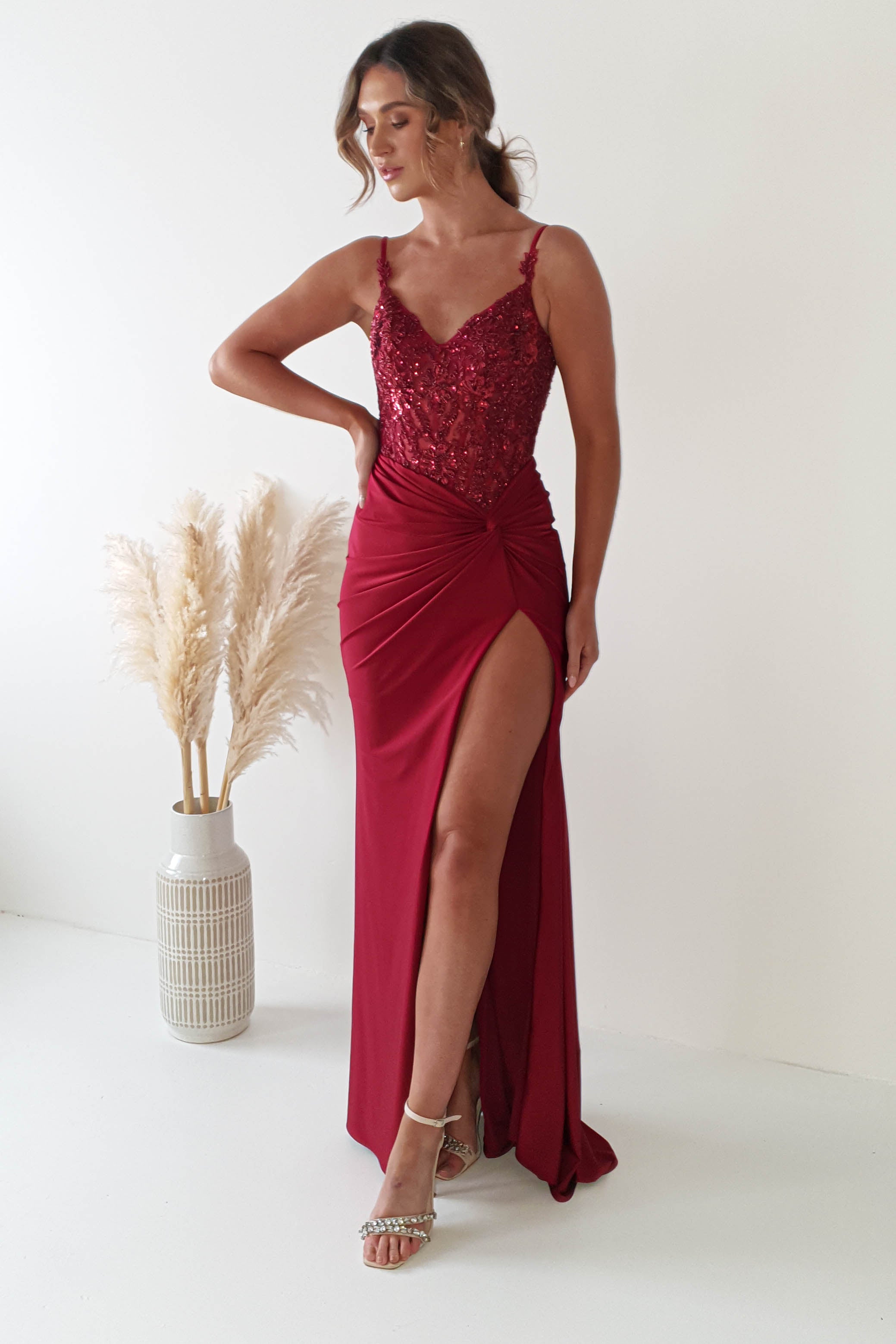 Sonia Embellished Bodycon Gown | Dark Red