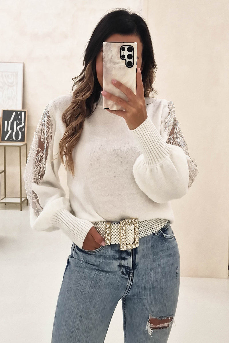 Marianne Embellished Sleeve Jumper | Cream