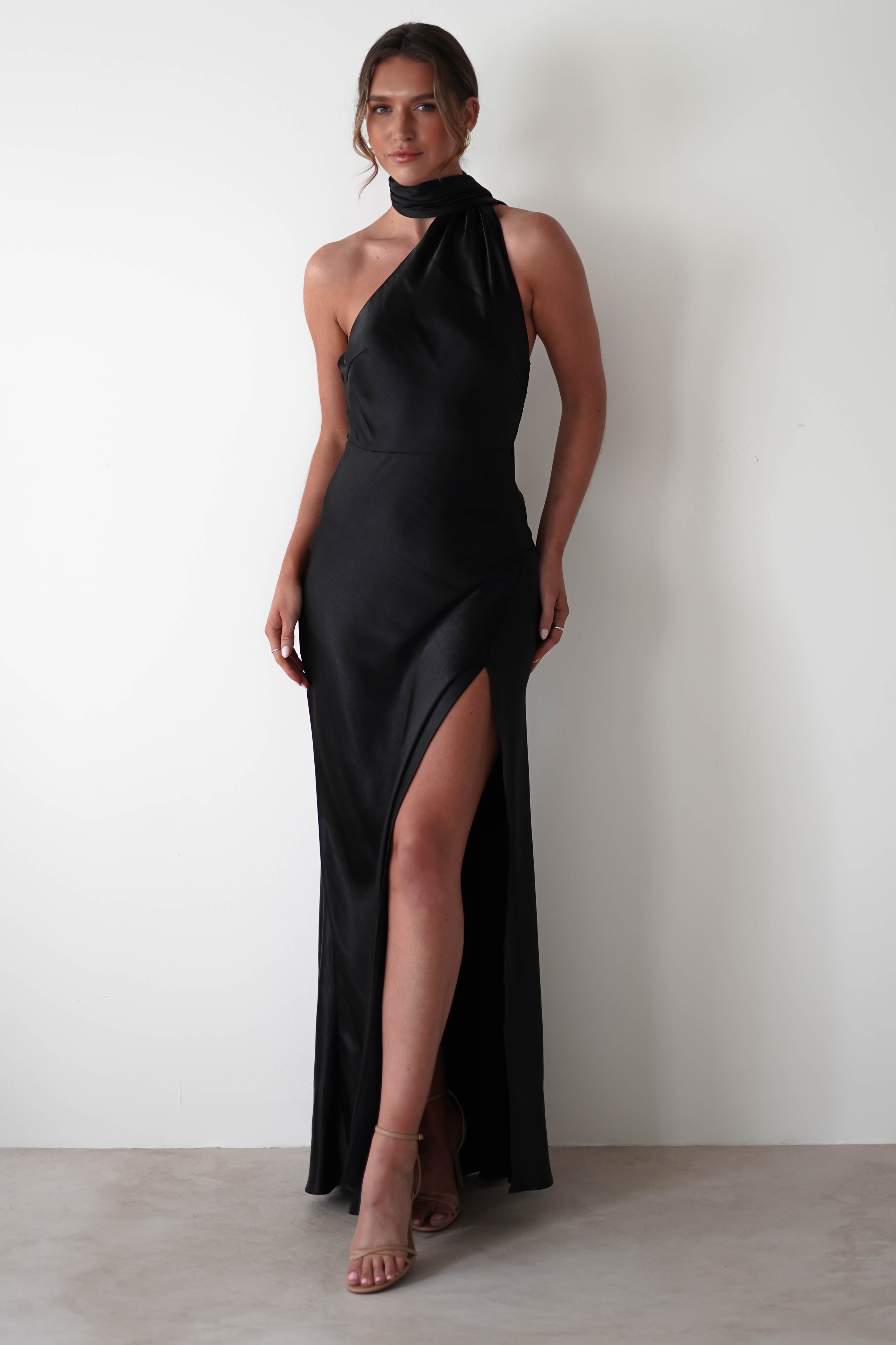 Amelda Soft Satin Maxi Gown Dress | Black