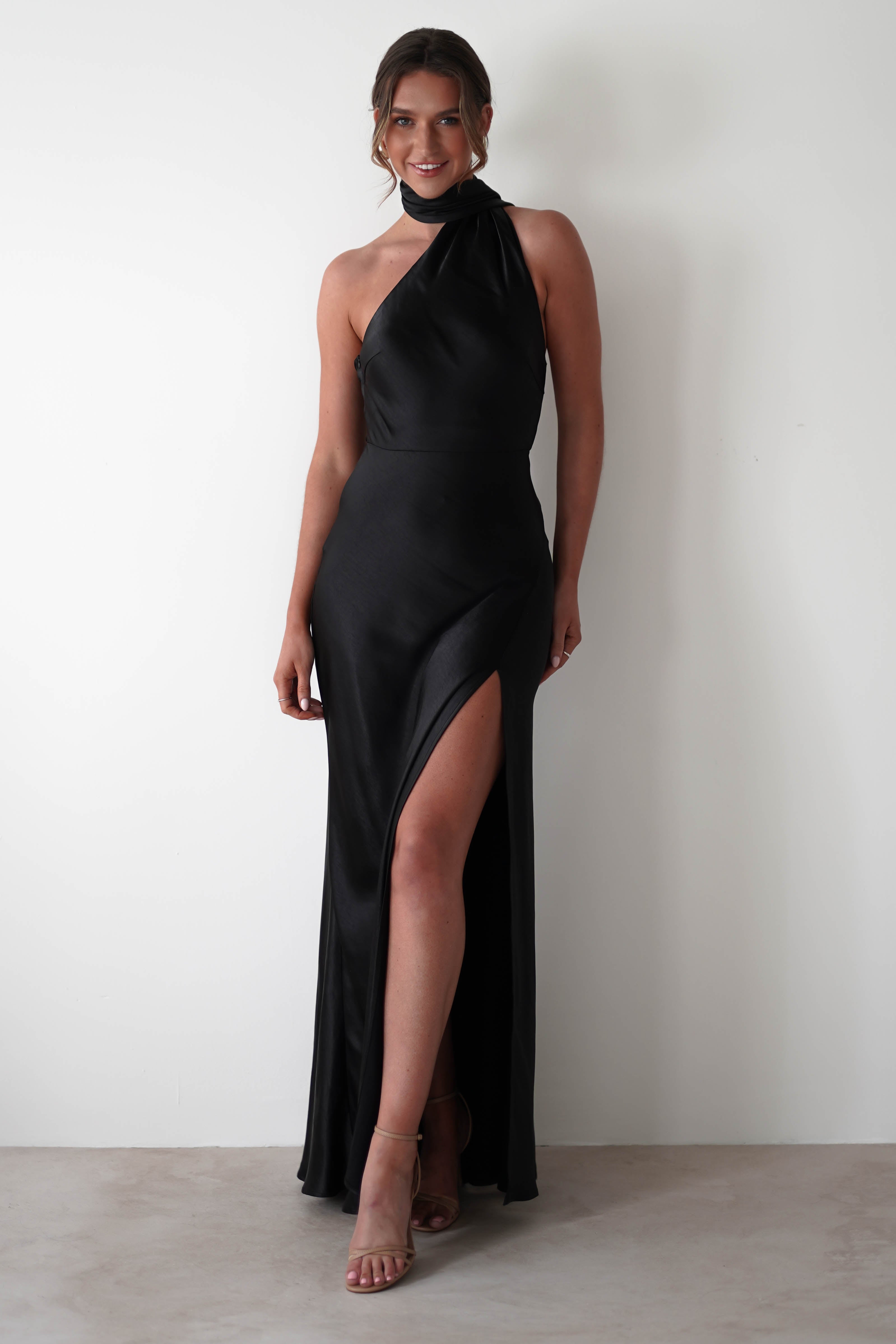 Amelda Soft Satin Maxi Gown Dress | Black