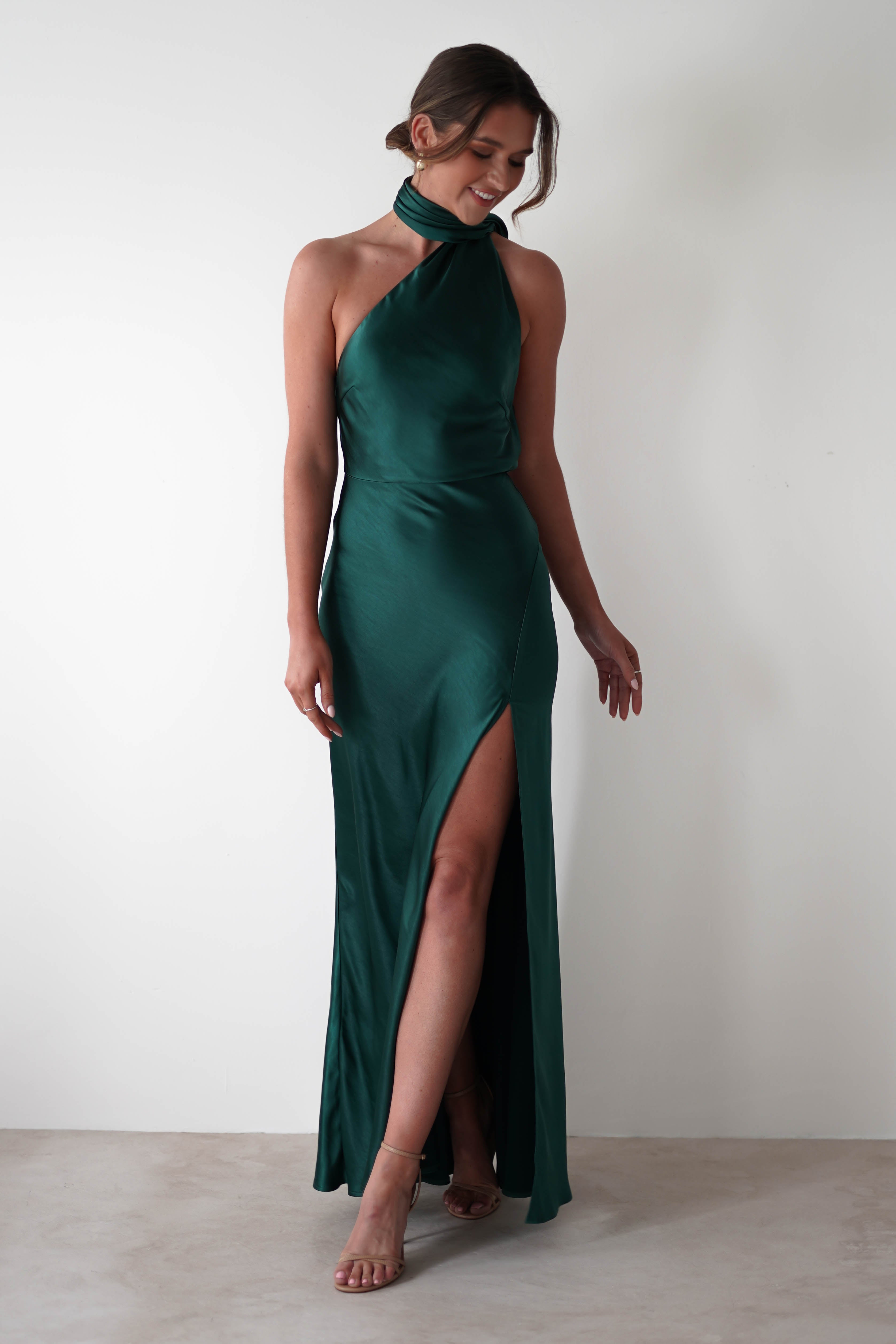 Amelda Soft Satin Maxi Gown Dress | Forest Green
