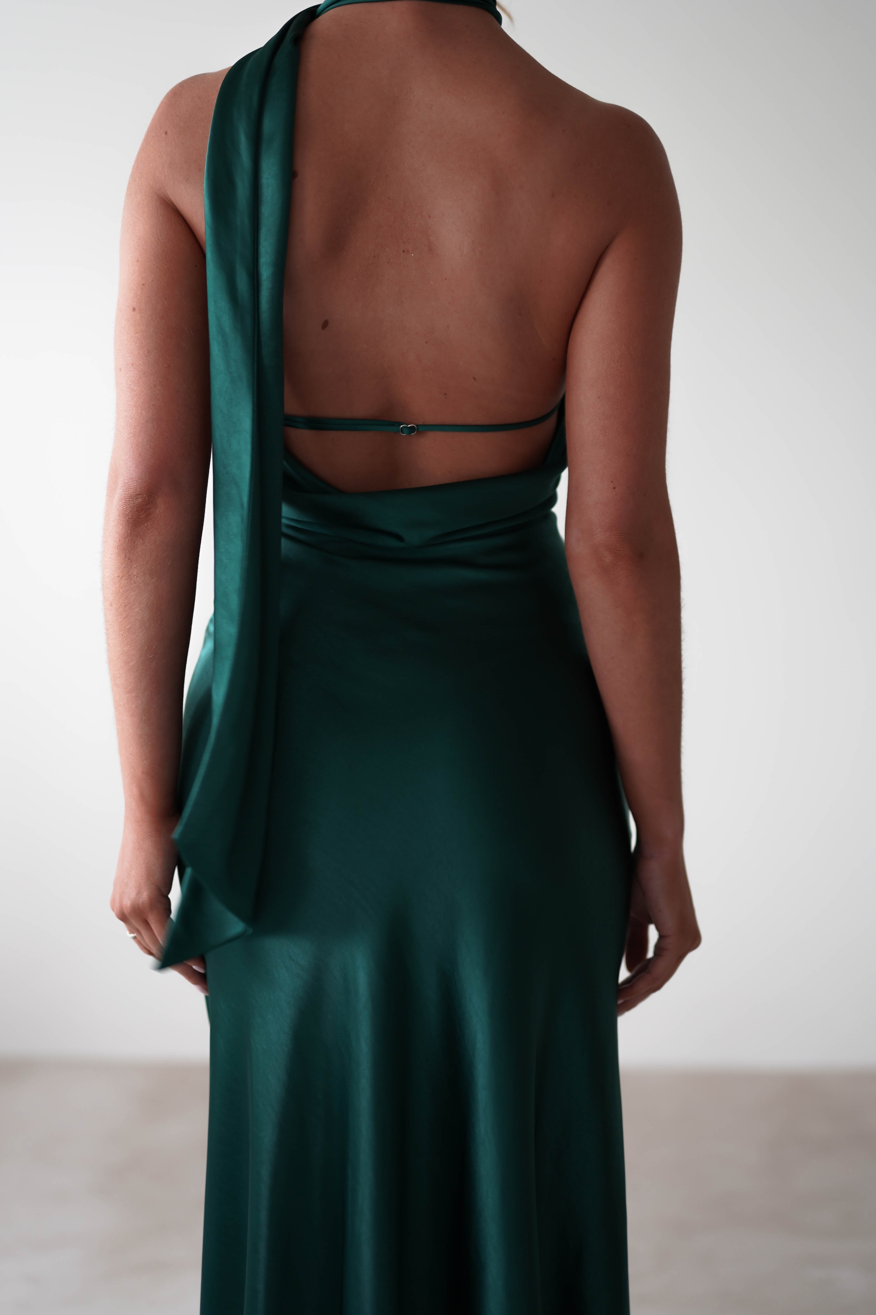 Amelda Soft Satin Maxi Gown Dress | Forest Green