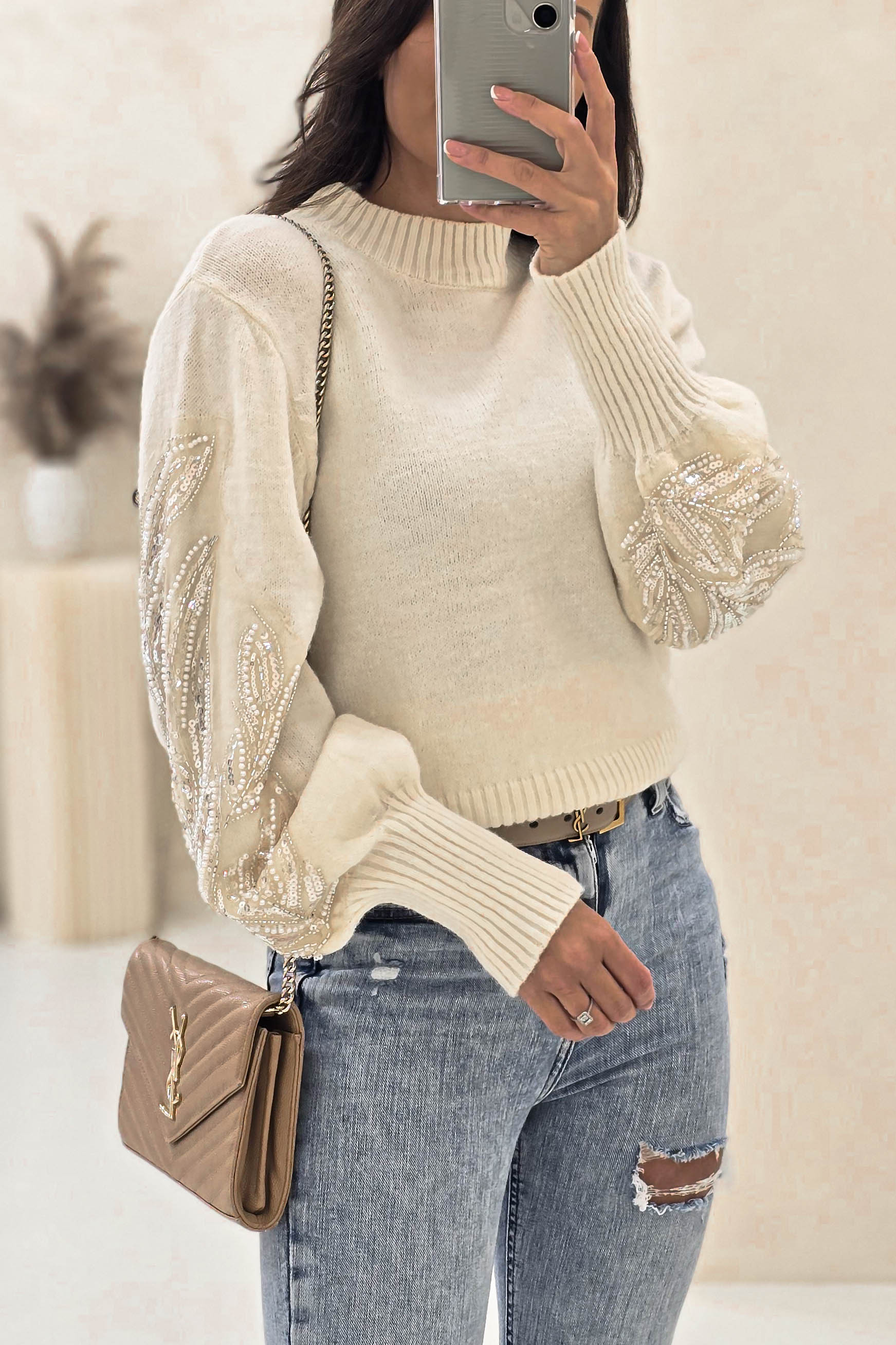 Elouise Cosy Embellished Arm Jumper | Cream
