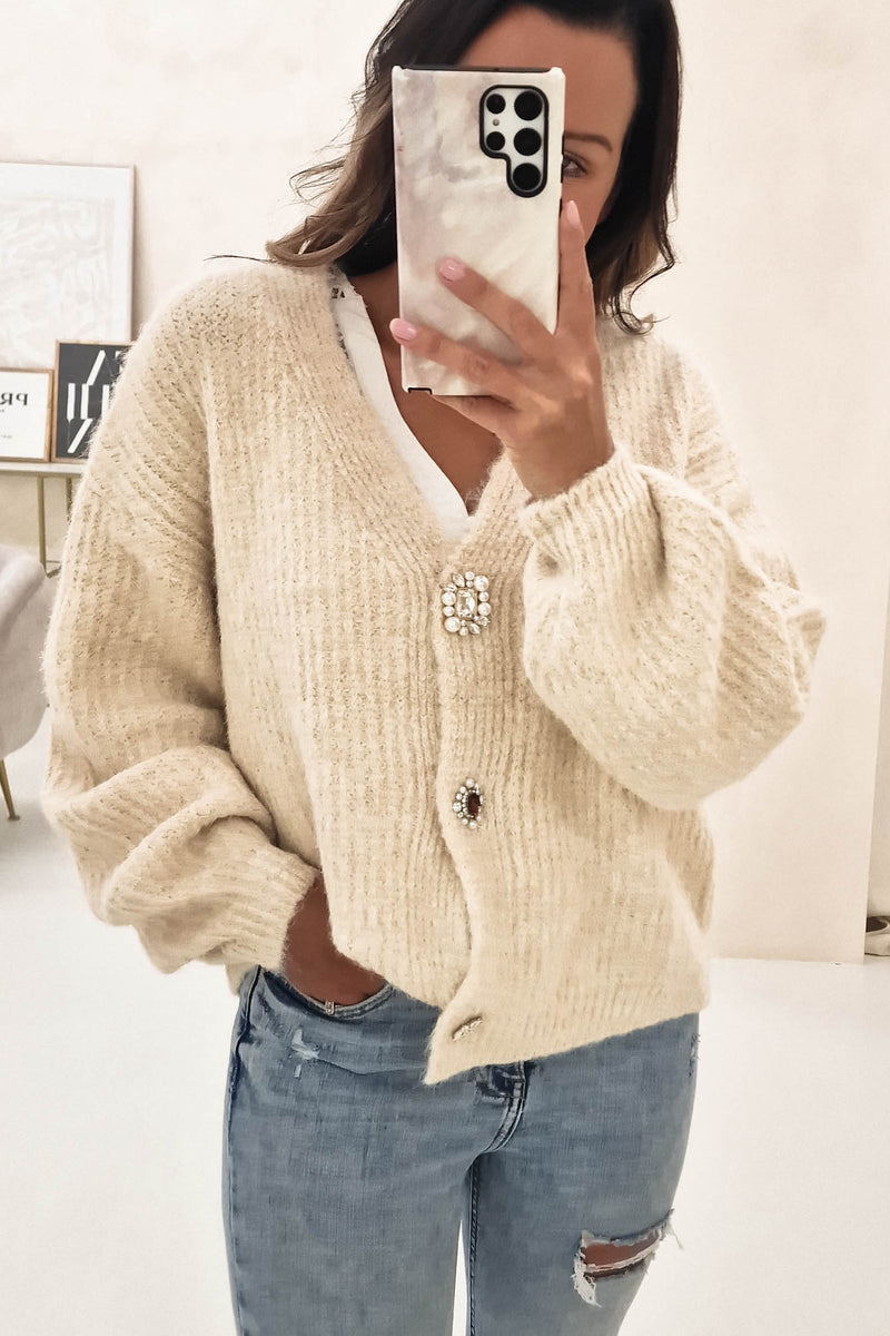 Sadie Cosy Embellished Button Cardigan | Beige