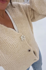 Sadie Cosy Embellished Button Cardigan | Beige