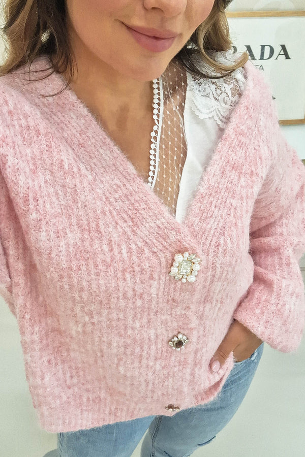 Sadie Cosy Embellished Button Cardigan | Pink
